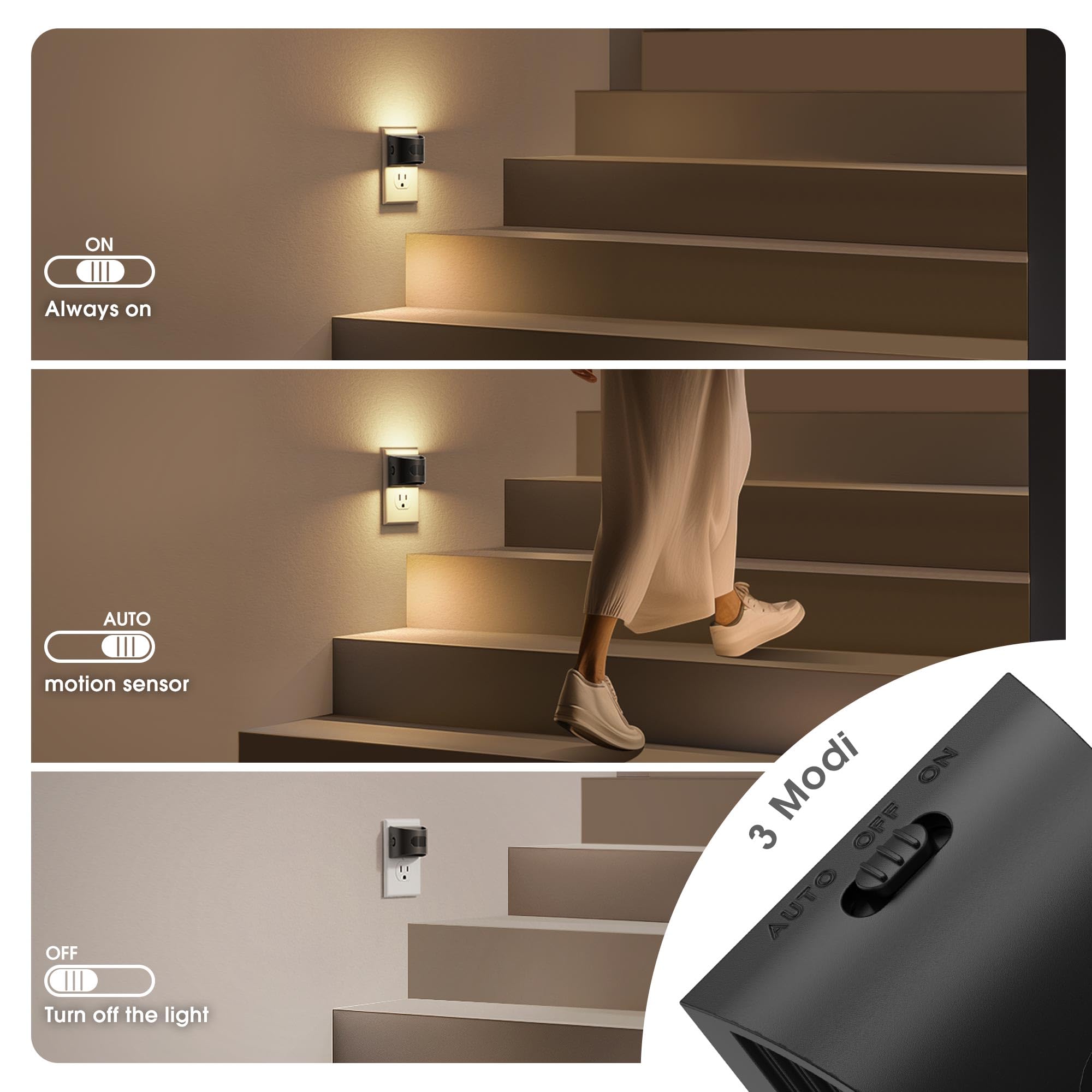JandCase Motion Sensor Night Light, Dusk to Dawn, 30/60/100lm, Warm White, 2 Pack, Black-Arc, Model C-GY17702US-2