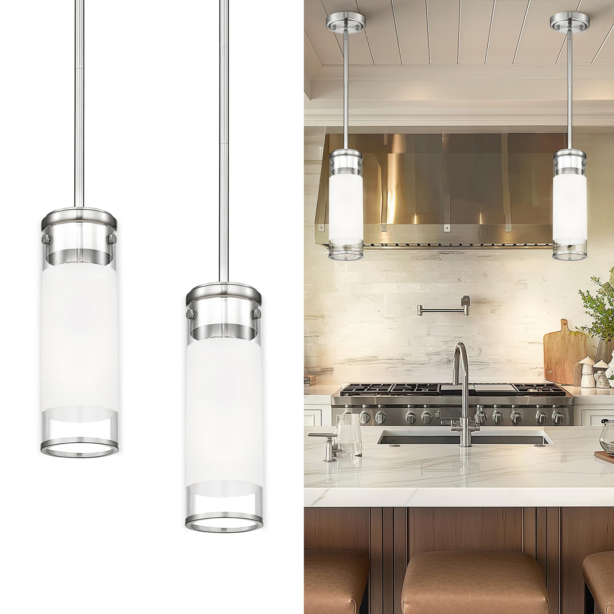 JAZAVA Modern Pendant Lights, Cylindrical Hanging Light Fixtures with Frosted Glass for Kitchen Island Dining Room Bedroom Hallw
