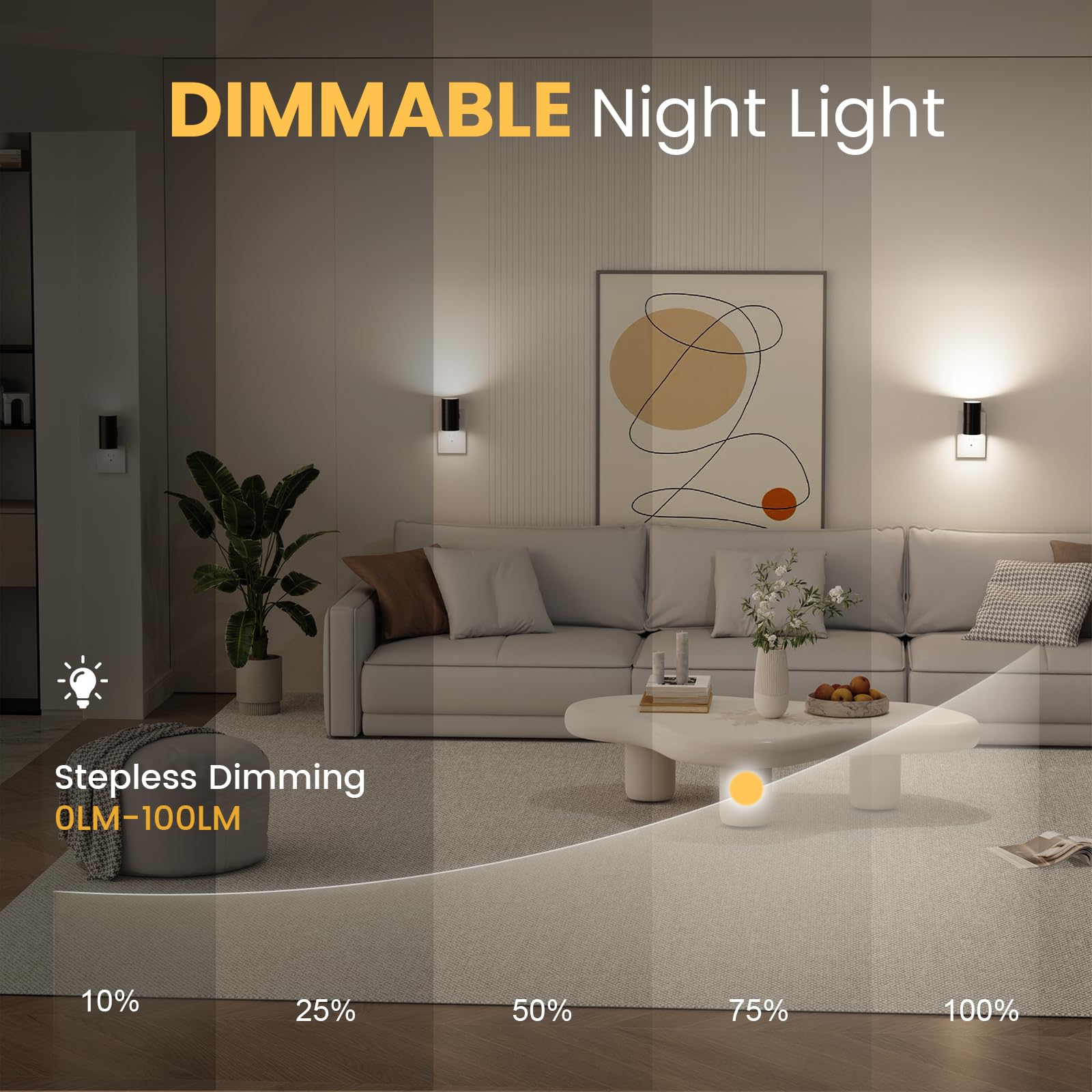 VOLISUN Dimmable LED Night Lights with Dusk to Dawn Sensor, 0-100LM, 3 Color Temperatures, 2 Pack, Black, Model LH-XYD001