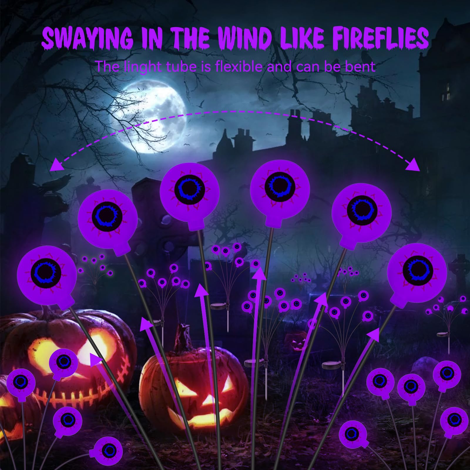 Halloween Decorations Outdoor Solar Halloween Lights, 2 Pack 12 Led Scary Halloween Eyeball Lights Solar Firefly Swaying Lights, Halloween Solar Lights For Outside Path Yard Garden Lawn Decor, Purple