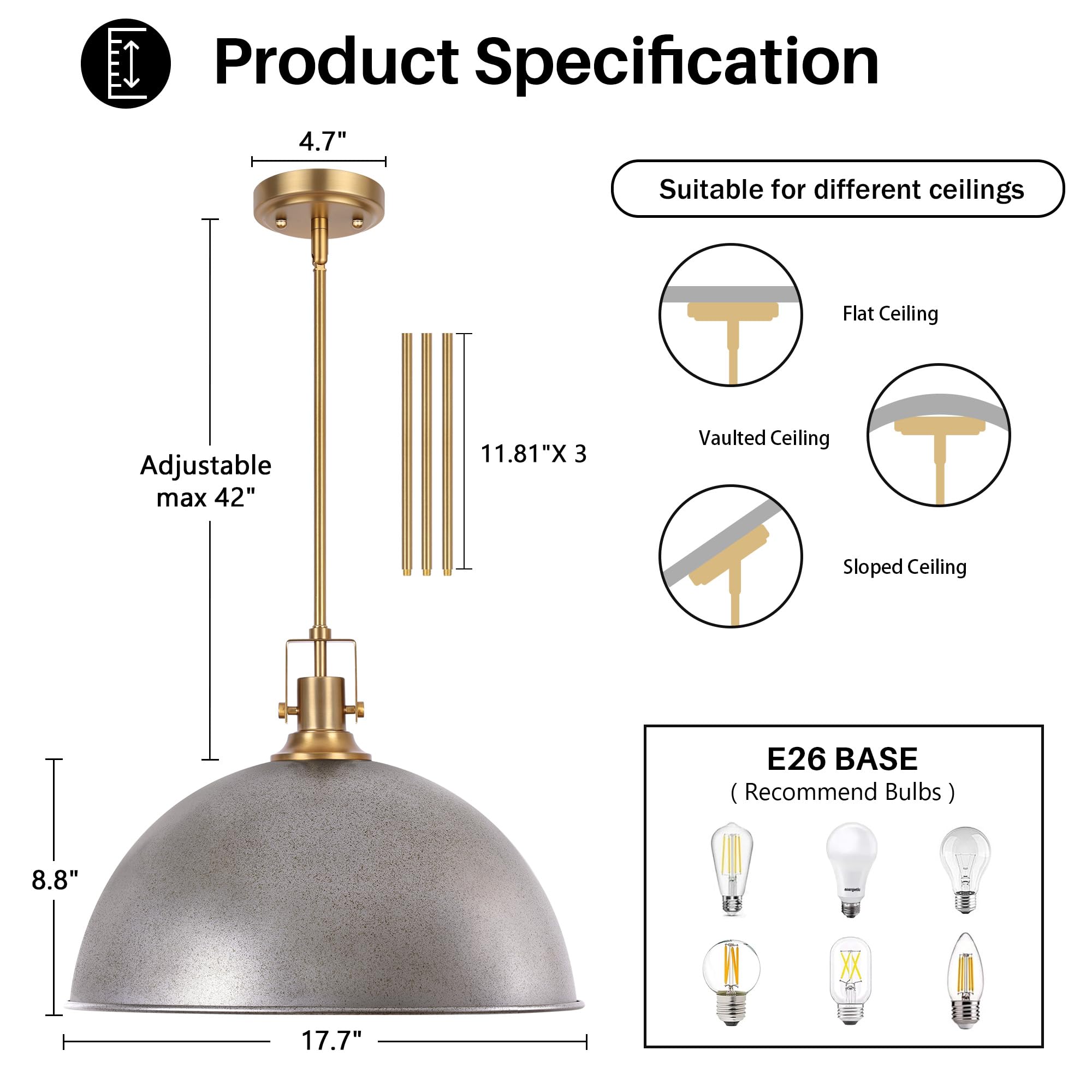 Lamqee 18 Inch Antique Silver Large Pendant Light Kitchen Island  Farmhouse Modern Dome Pendant Light Fixtures Ceiling Hanging Lighting Chandelier For Dining Room Over Table  Bar  Hallway  Entryway