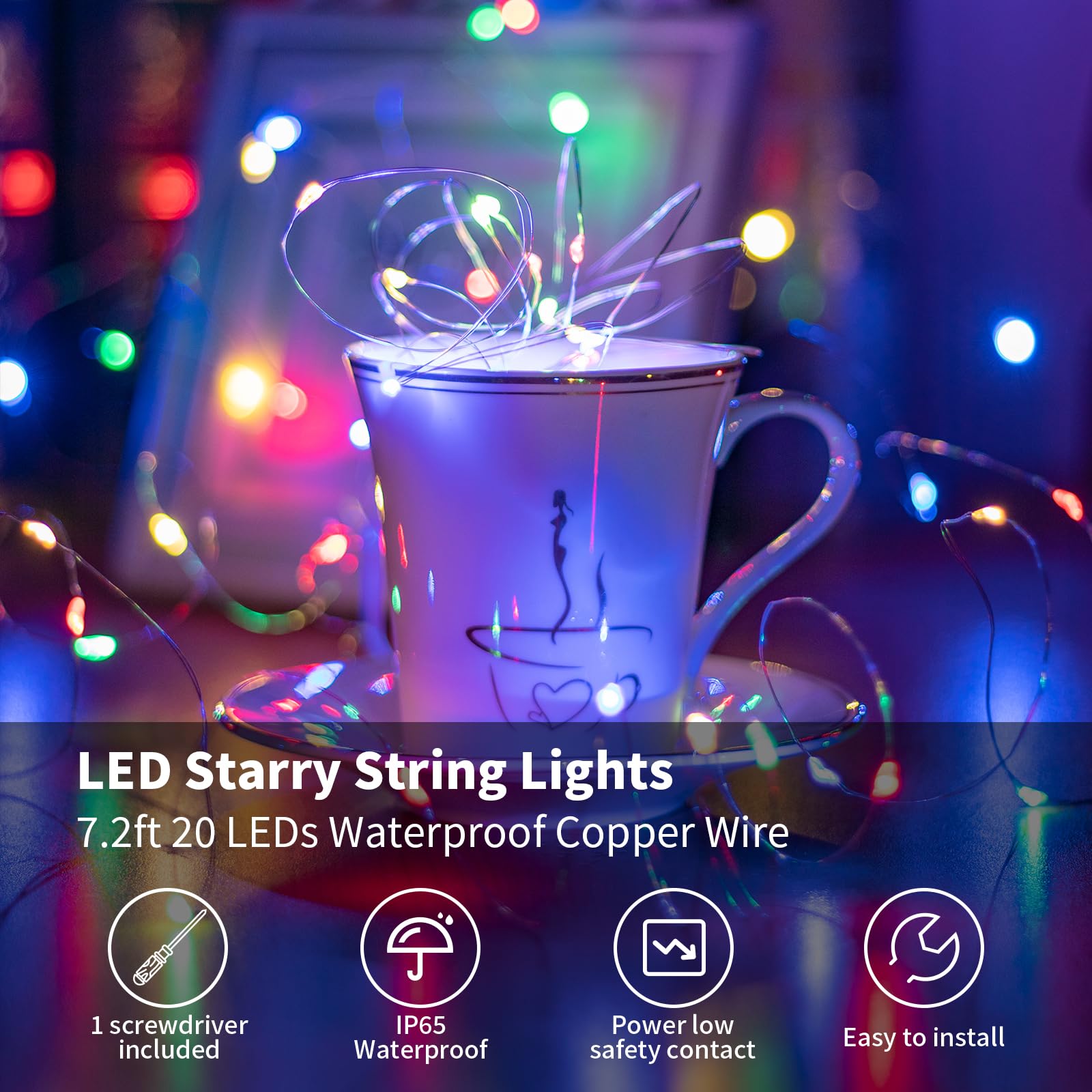 TingMiao Fairy String Lights, 20 LEDs, 7.2ft Silvery Copper Wire, Multicolor, Battery Operated, 6 Pack