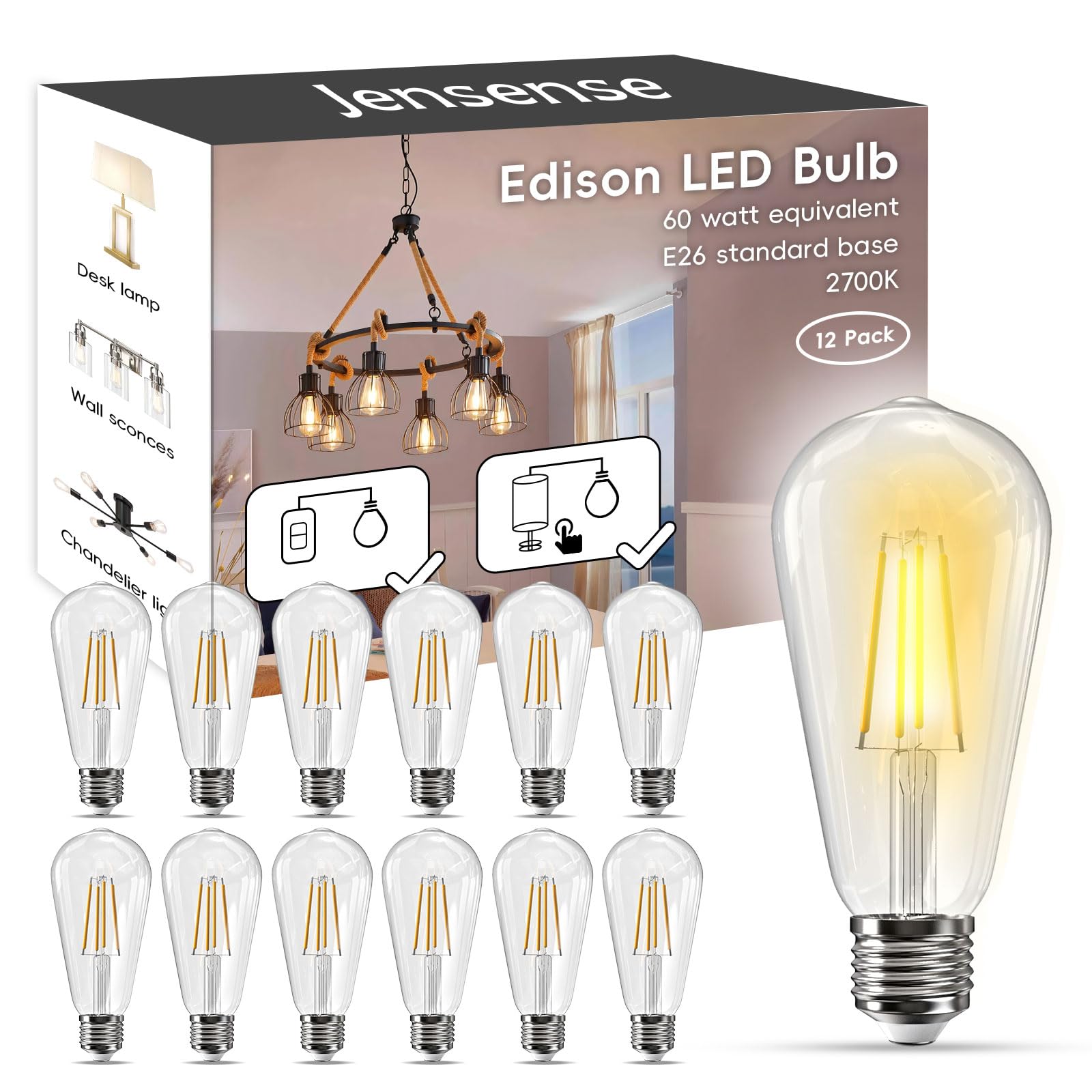 Jensense Dimmable LED Light Bulbs 7W 12 Pack E26 Base 2700K Warm White 800 Lumen Model ETLBST58