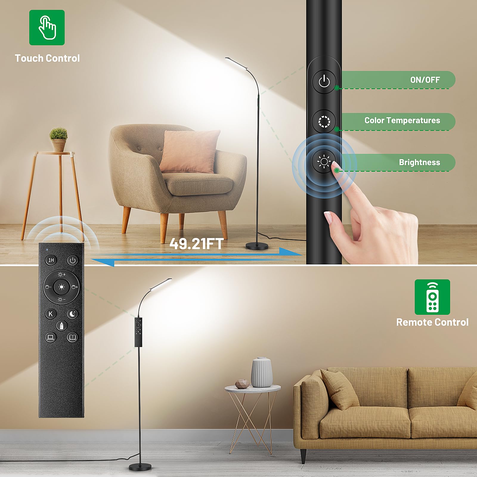 Yikuneng Dimmable Led Floor Lamp - Remote & Touch Control, 2700K-6500K, Super Bright Reading Light