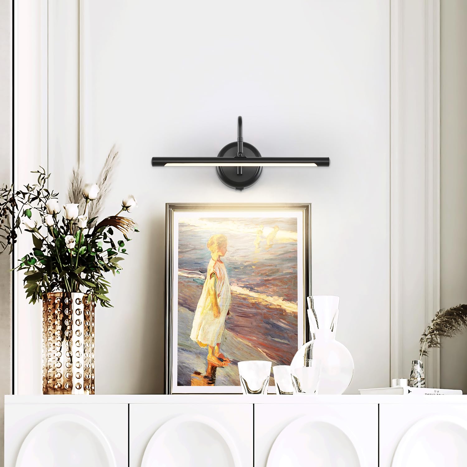 Ecobrt Wireless Picture Light With Controller Dimmable Color Adjustment, Rechargeable 5000Mah Battery Wall Lamp, Black Mural Lig
