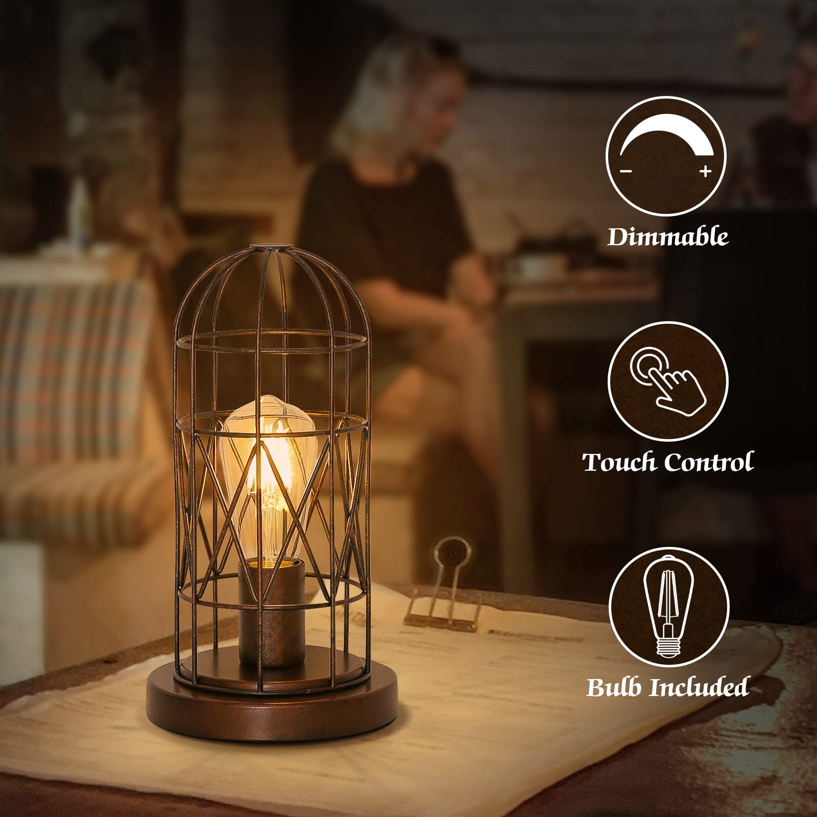 Industrial Antique Bronze Cage Table Lamp, 3-Way Dimmable For Bedroom & Living Room, Led Bulb Included