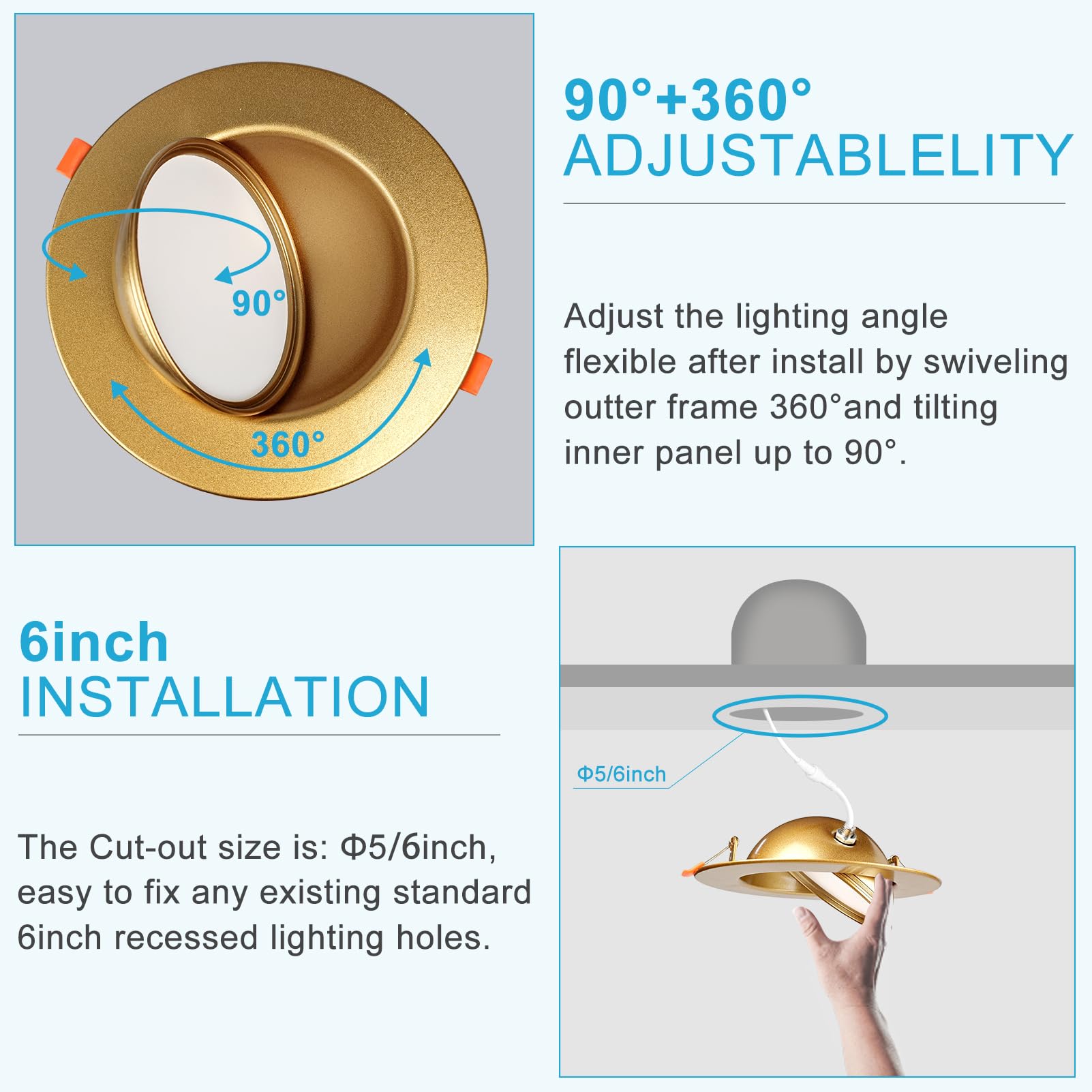 Lightdot 6 Pack 6 Inch Adjustable LED Gimbal Downlight, 1300LM Dimmable, Gold, ETL/FCC Certified, Ideal for Living Room/Kitchen