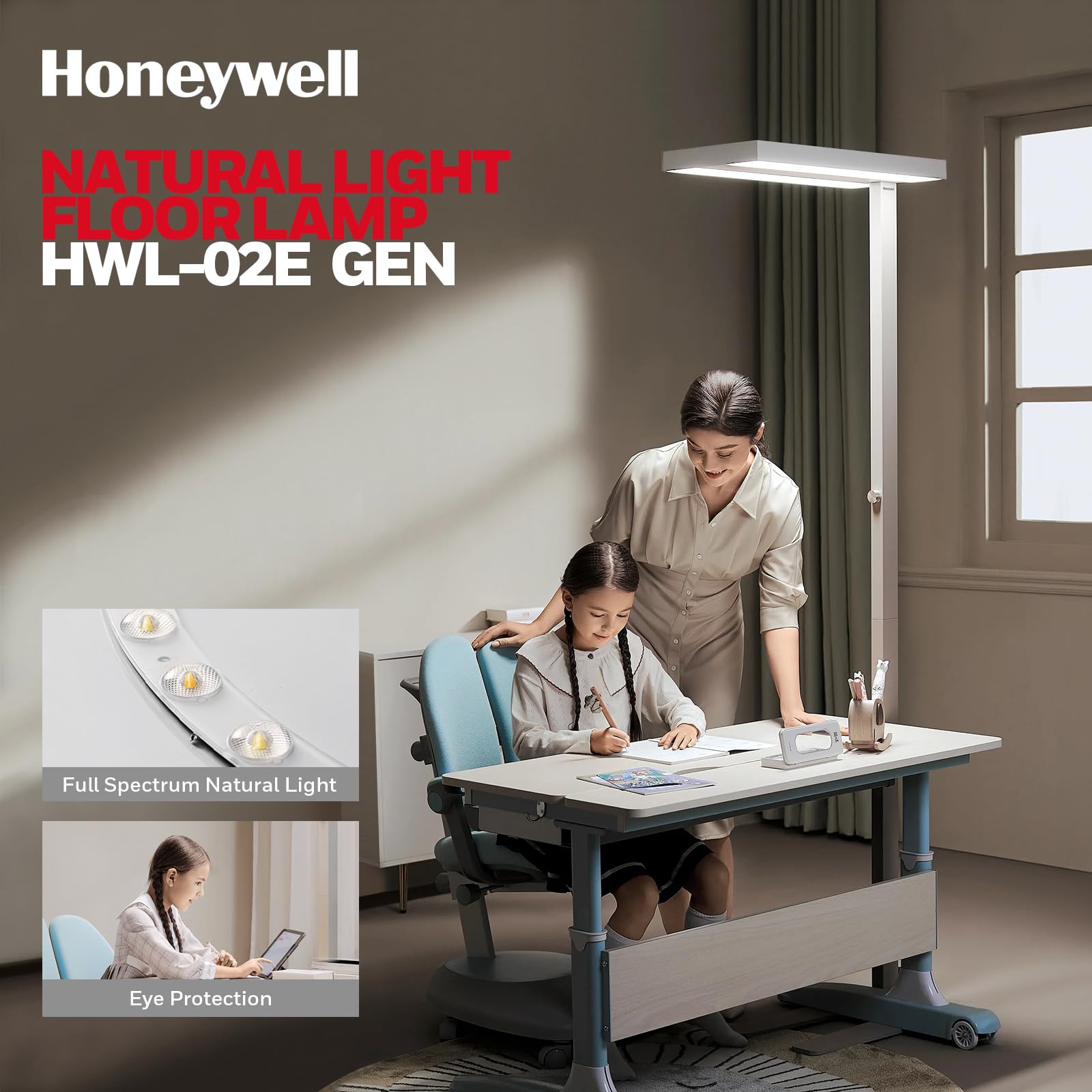 Honeywell LED Floor Lamp - 8000LM Dimmable Eye-Caring Light for Home Office, Model HWL-02E GEN, 4000K Natural Daylight