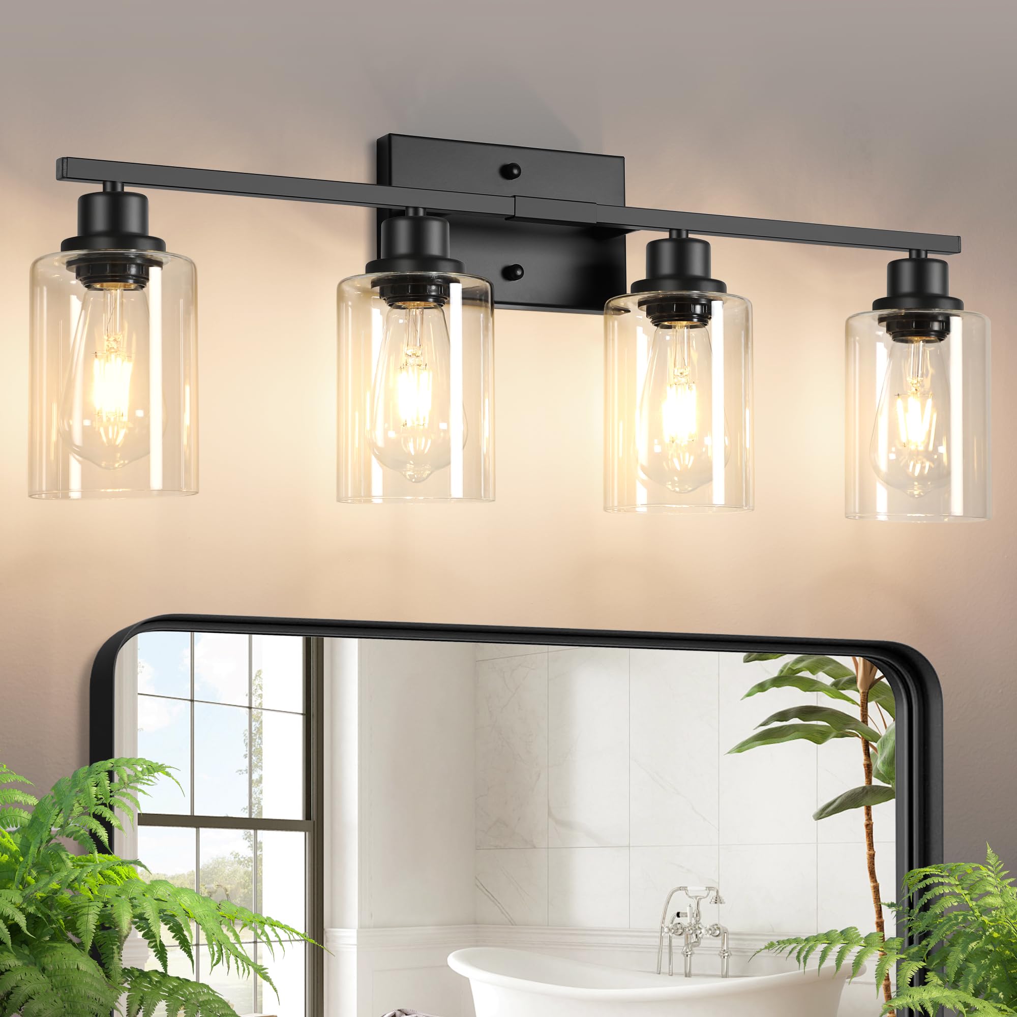 Ascher Bathroom Light Fixtures  4-Light Vanity Light Over Mirror  Matte Black Wall Sconces with Clear Glass Shades  Wall Lamp for Living Room Bedroom  E26 Base(Bulbs Not Included)
