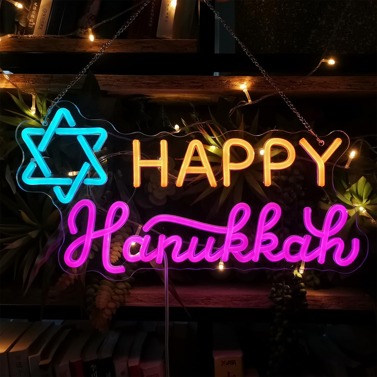 Happy Hanukkah Neon Sign, Stars of David Shape LED Neon Light Signs, Hanukkah Decorations for Home, Neon Signs for Wall Room Bed