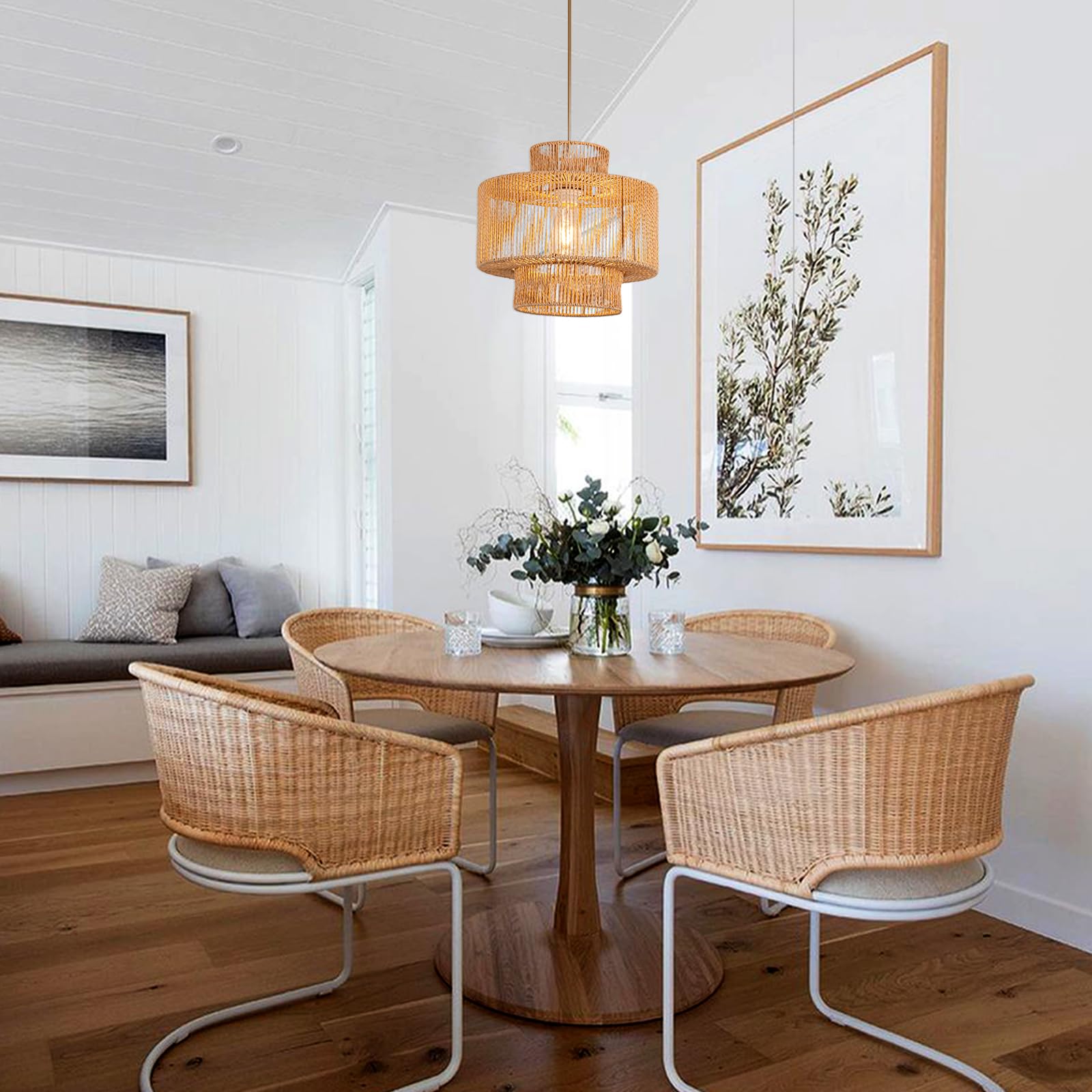 Dsliting Rattan Pendant Light Boho Chandelier For Dinning Room Bohemian Hanging Lights 3-Tier Rattan Chandelier Basket Light Wov