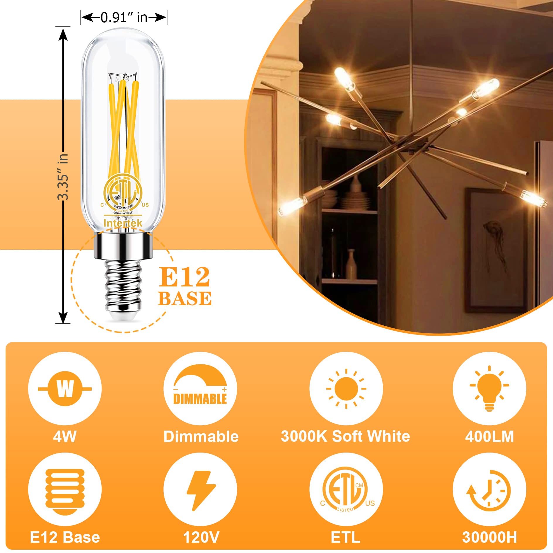 Hansang E12 Led Bulbs Dimmable, 40W Equivalent, 3000K Soft White, T6 Tube Candelabra Led Light Bulbs For Chandelier, Light Bulbs