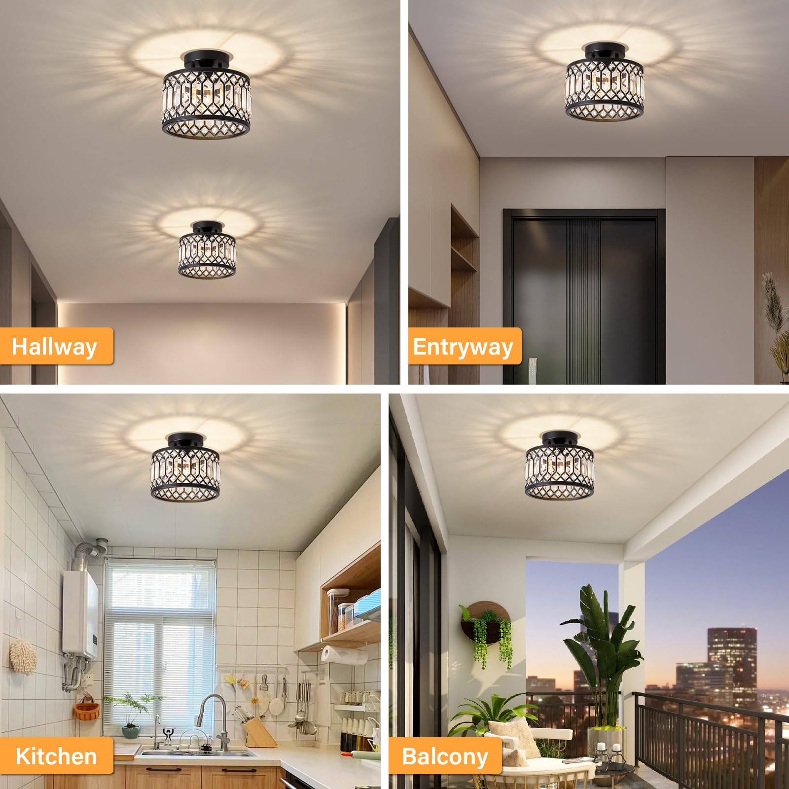 Yurnyq Crystal Ceiling Light Fixture, Modern Semi Flush Mount Ceiling Light, Black Lighting Fixtures Ceiling Lamp For Hallway, K