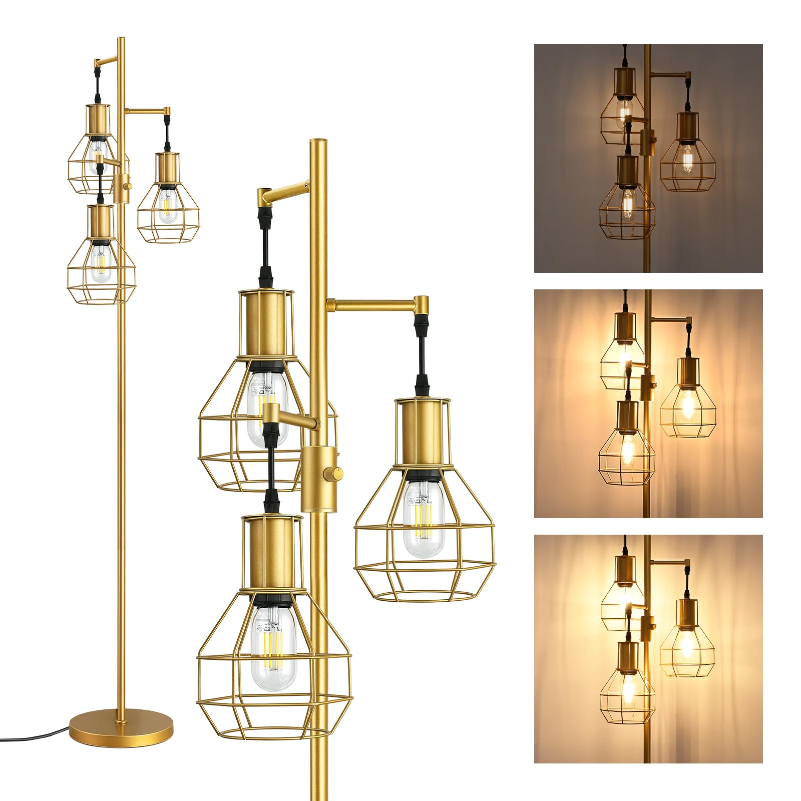 EDISHINE Industrial Dimmable Floor Lamp, Gold Metal Design with 3 LED Edison Bulbs, Modern Tall Corner Lamp for Living Room, Model HFLG03G