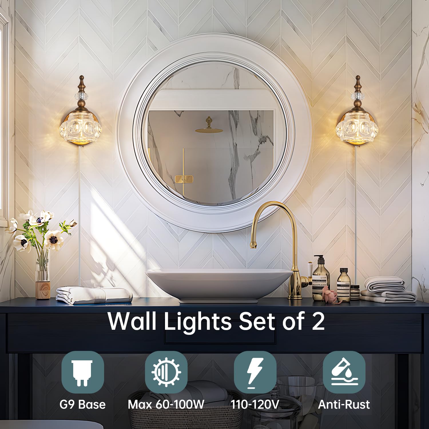 Zilanl Vintage Wall Sconces 2-Pack Plug In Wall Light Fixtures Gold Wall Sconces Set Of Two Bathroom Vanity Lights For Bedroom,