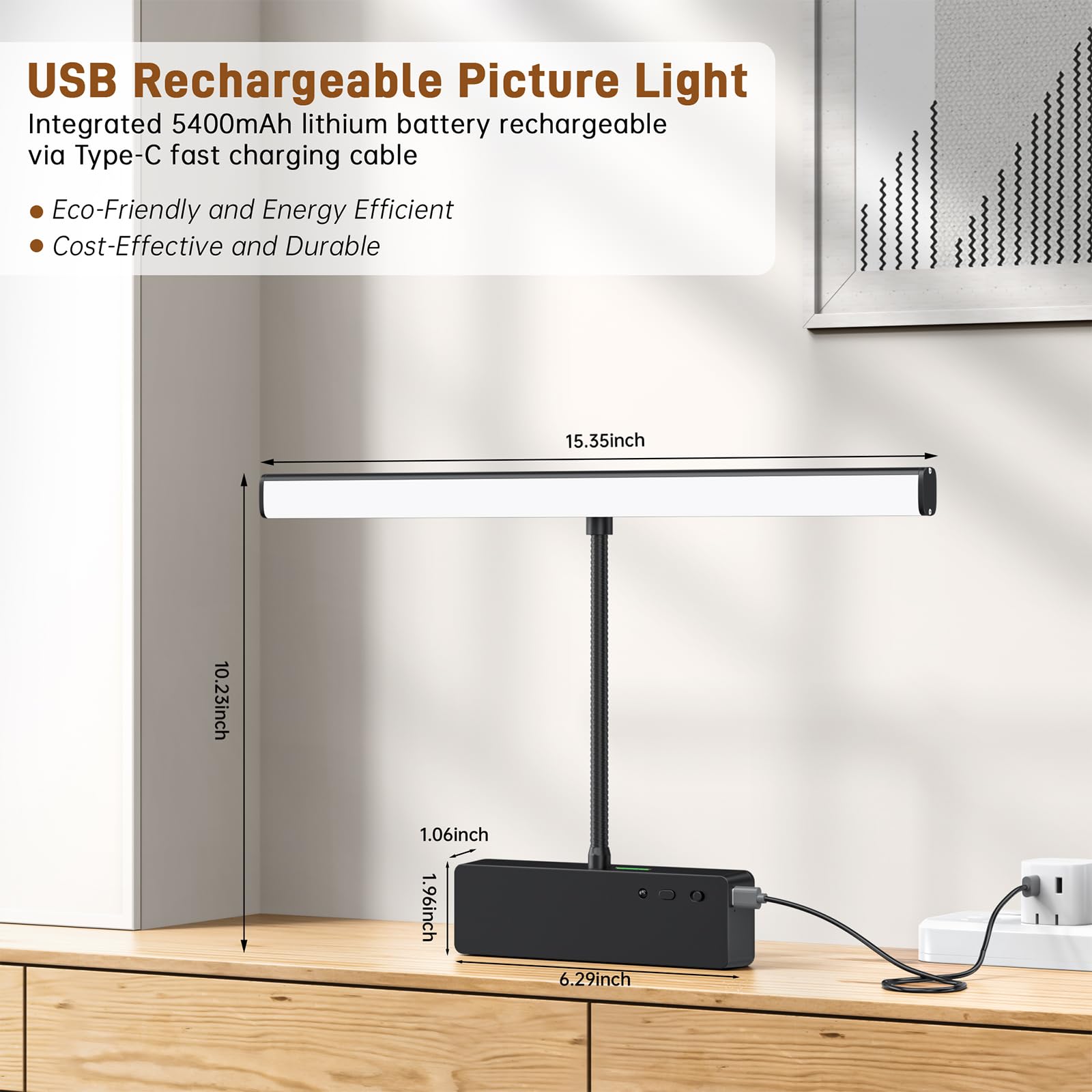 Picture Light  15.35Inch Wireless Picture Lights For Wall Rechargeable  5400Mah Battery Wall Light With Remote  3 Color Art Lighting For discomfort-reducingtings With Timer And Dimmable Artwork Display (Black-2Pcs)