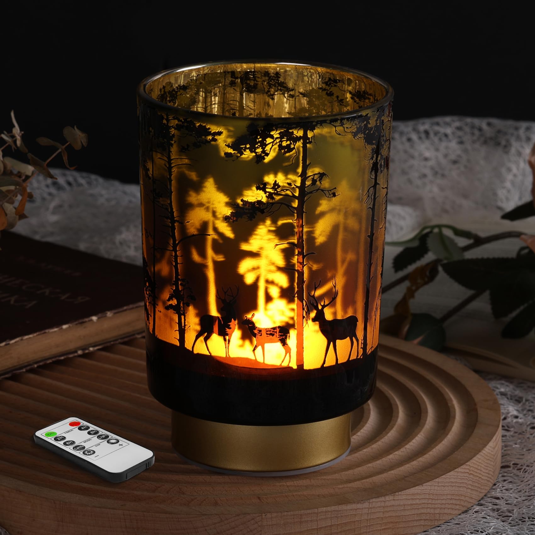 Eywamage Battery Operated Table Lamp with Remote, Forest Deer Cordless Glass Lamp for Bedroom Living Room Kitchen