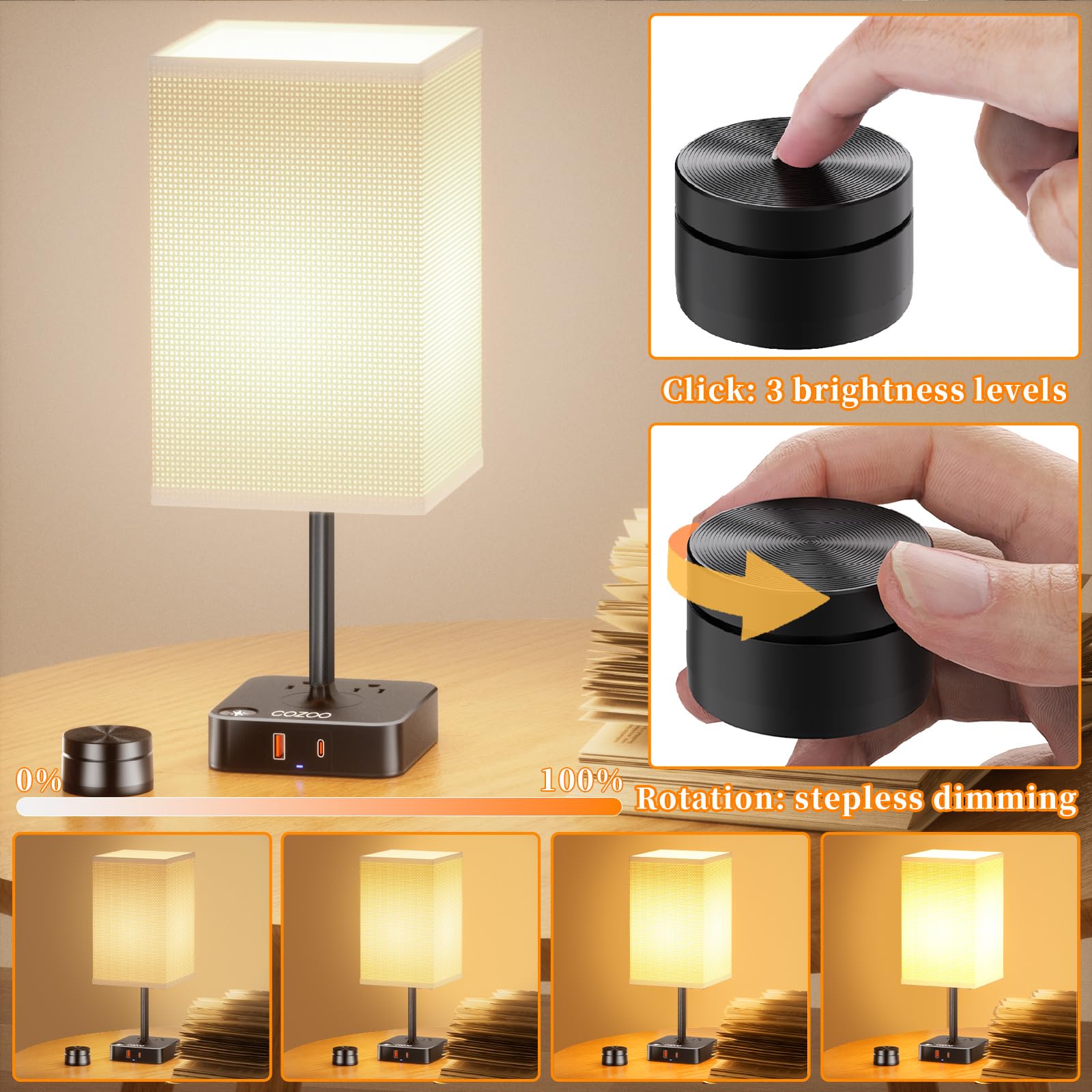 Remote Control Bedside Lamp With Usb-C & Usb-A Charging Ports, 2 Ac Outlets, Stepless Dimming Nightstand Lamp For Bedroom- Touch