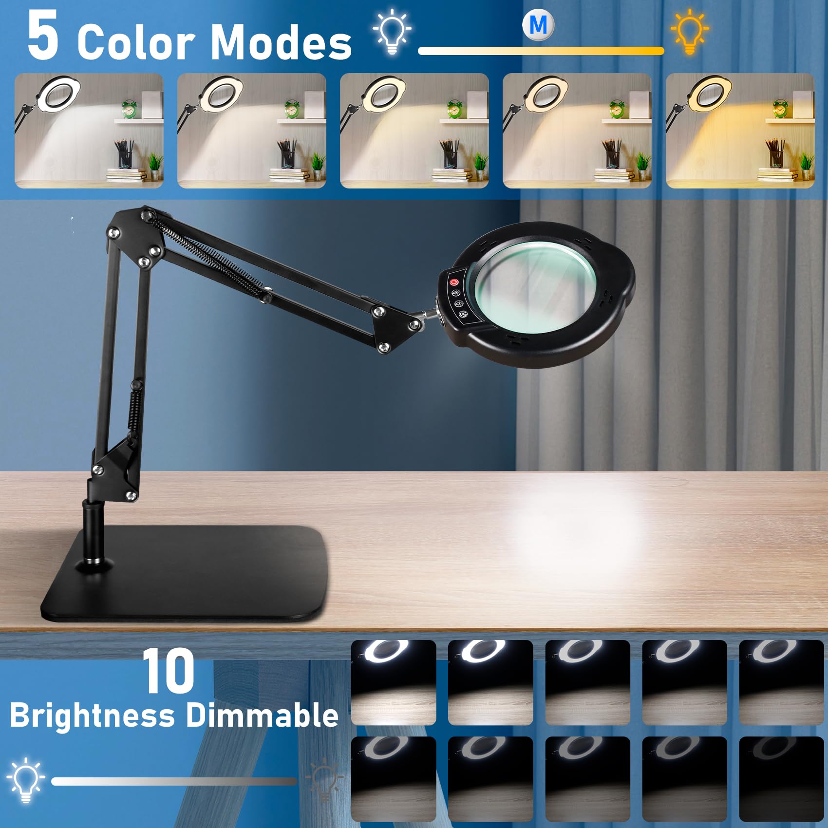 Jaenmsa 10X Magnifying Glass With Light And Stand, Led Desk Lamp With Base And Clamp, 5 Color Mode, 10 Dimmable Levels, Hands Fr