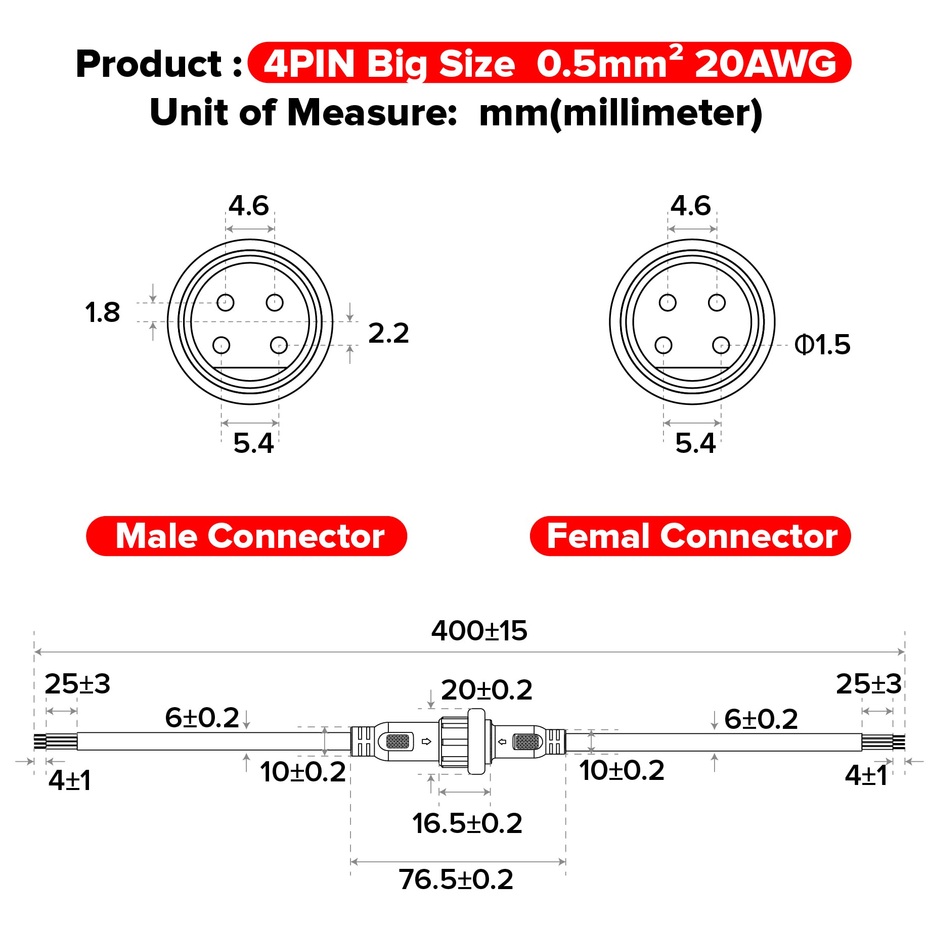 Hysmigor 4 Pin Electrical Connector 20Awg Ip65 Male Female Connector 7.87In/20Cm Extension Cable For Car,Truck,Boat,Indoor/Outdo
