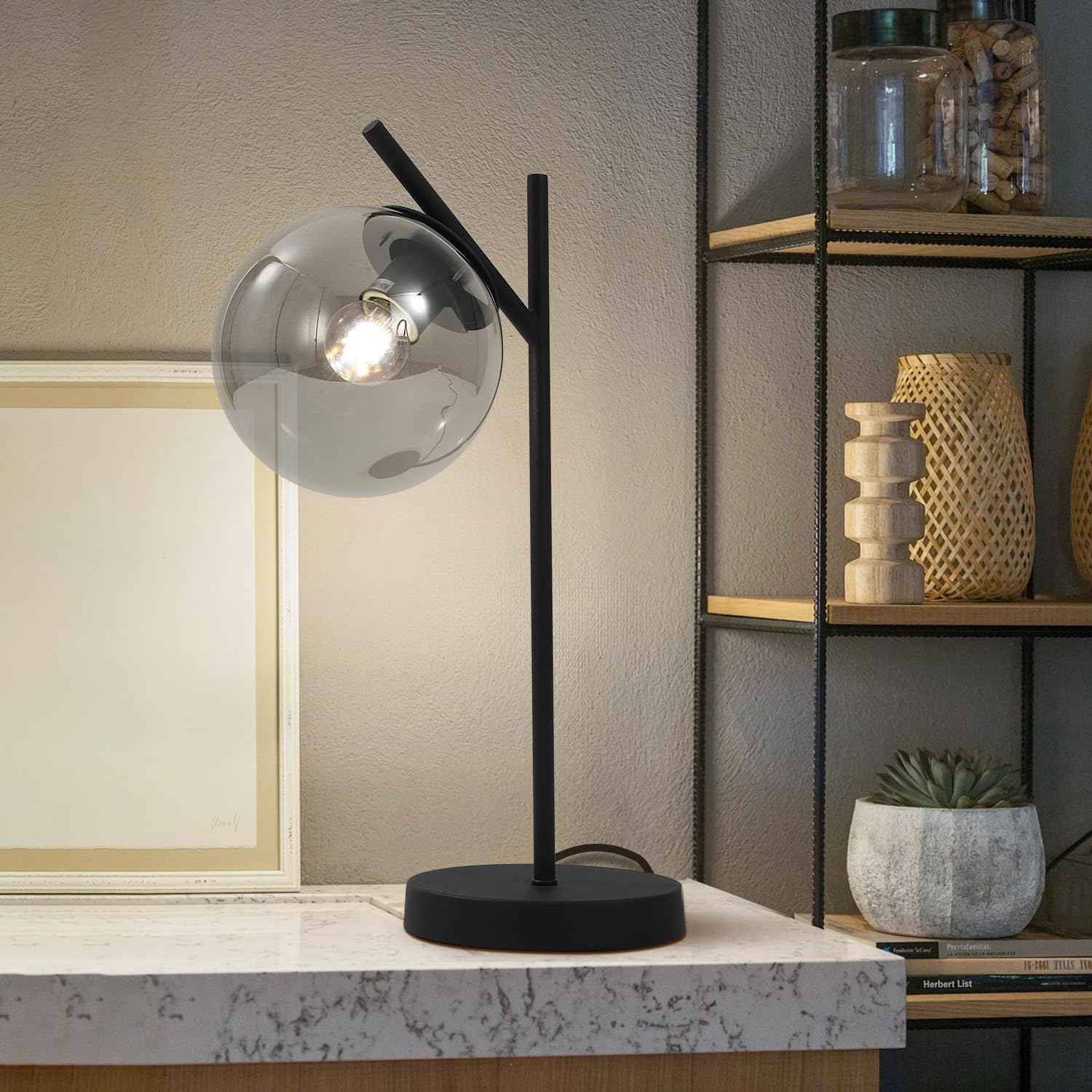 Fulesi Black Table Lamp Vintage Metal Desk Lamp Modern Nightstand Smoke Gray Glass Globe Table Lamp Nordic Bedside Table Lamp Fo