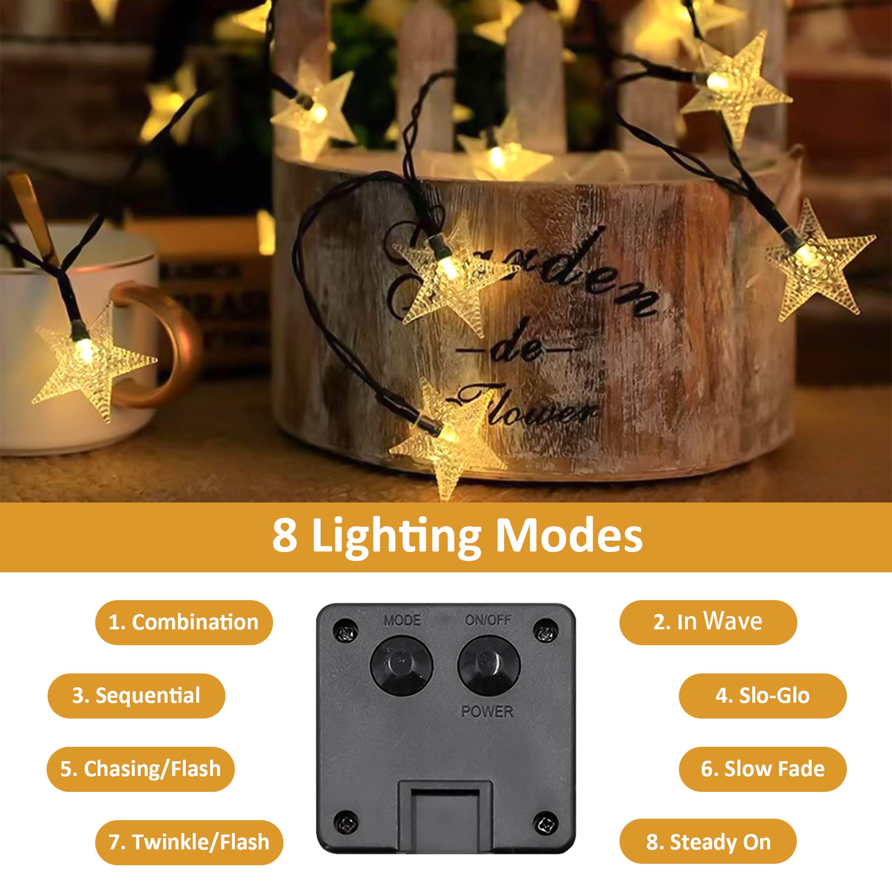 L LAMPOP Twinkle Solar Star String Lights, 100 LED, 39FT, 8 Modes, Waterproof, Warm White, Model SL-SWE-100L-US