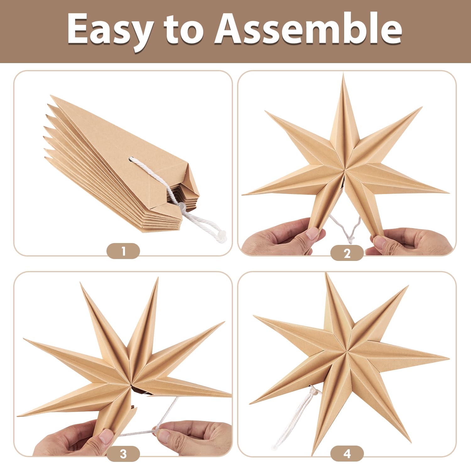 Sunbeauty 3 Pcs 7-Pointed Natural Paper Star Lanterns 12 Inch Christmas Hanging Lamp Rustic Paper Decorations Shade Wedding Birt