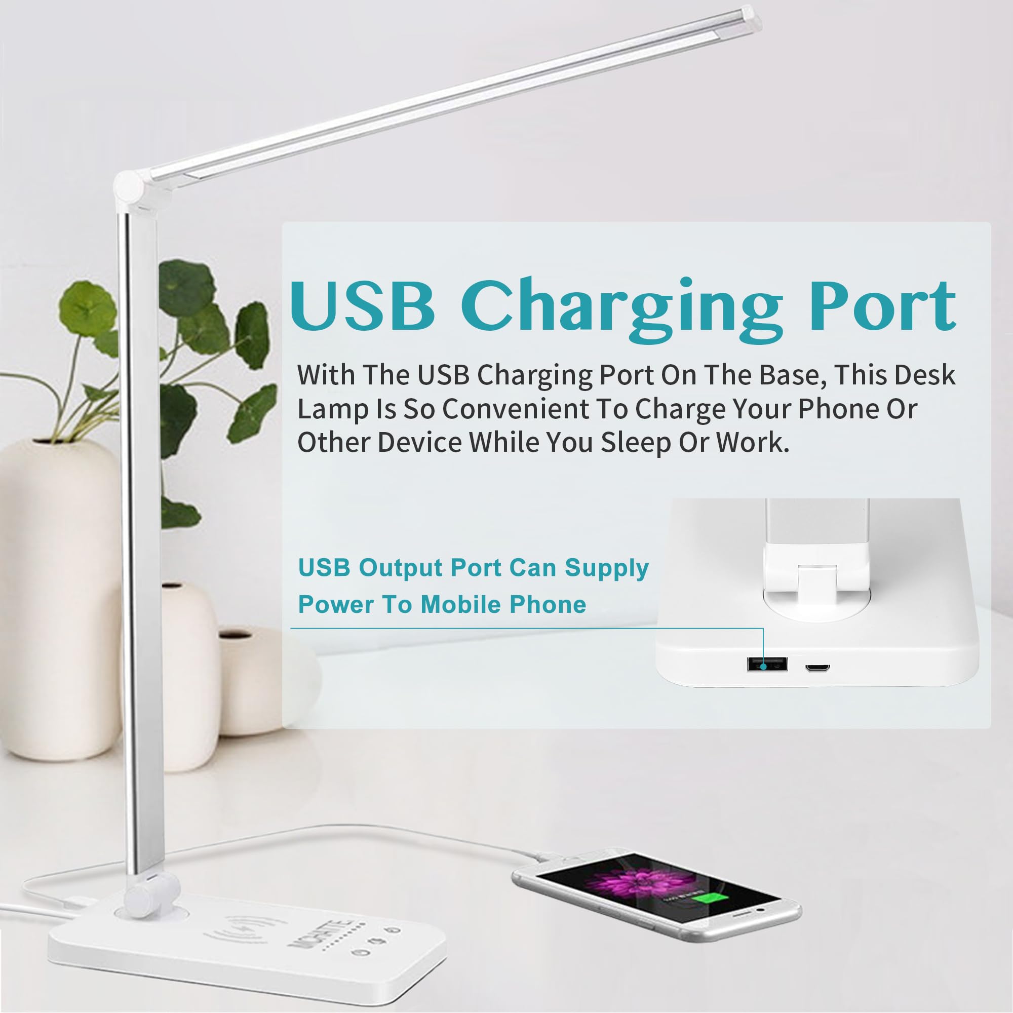 MCHATTE LED Desk Lamp - Dimmable, USB Charging, Touch Control, 5 Brightness Levels, White, Model E009A