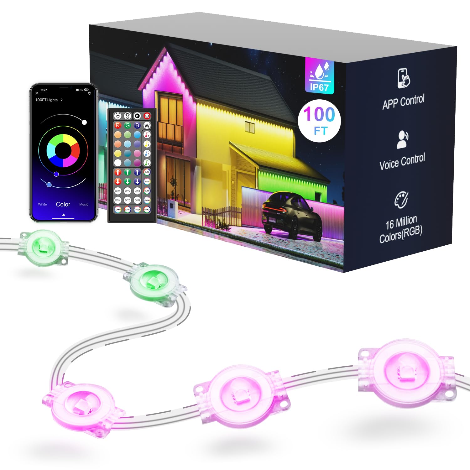 Fussion 100ft RGB Outdoor Lights, IP67 Waterproof, Smart APP Control, Model LX20250312-30M, White