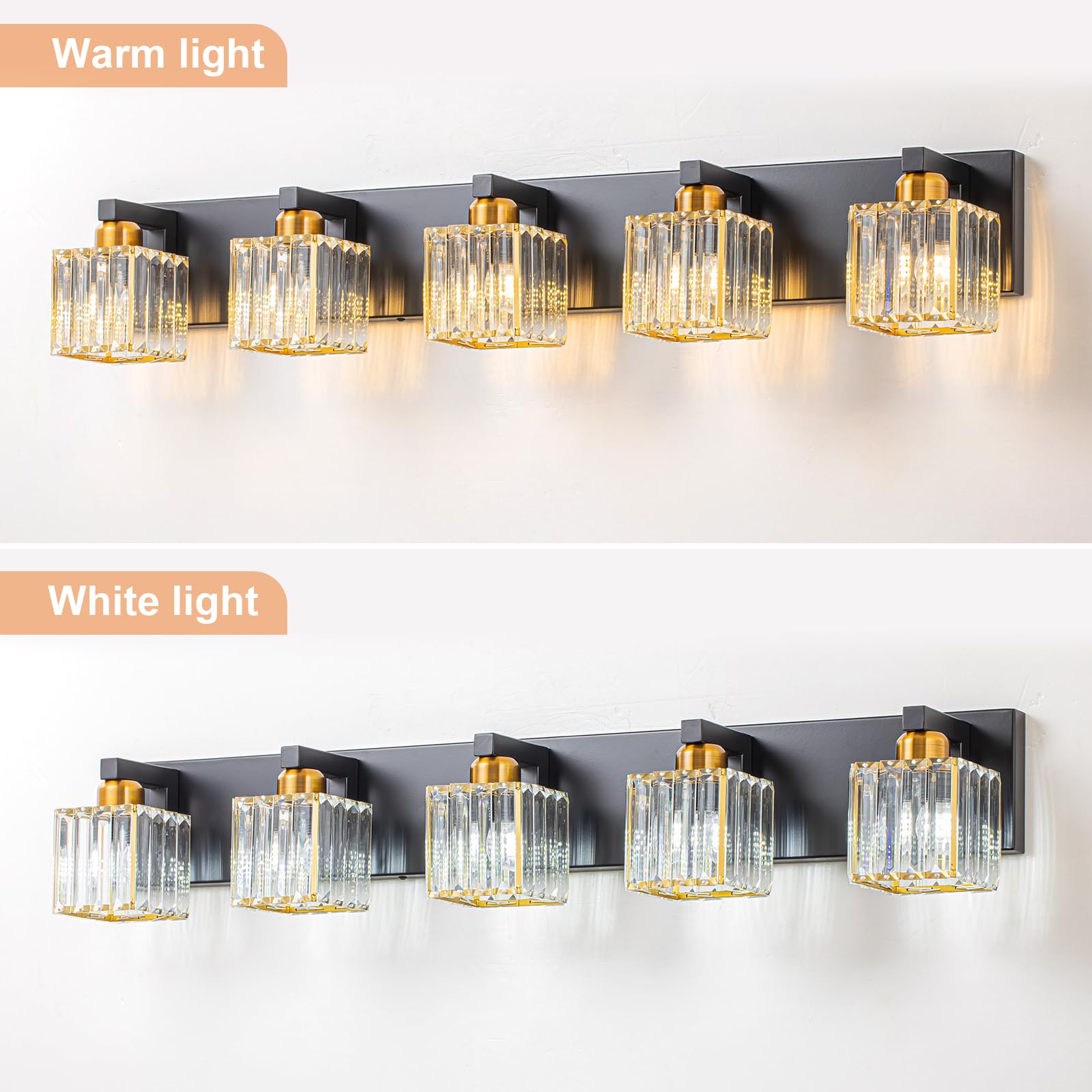Huoku Crystal Black Gold Bathroom Vanity Light, 5-Lights Bathroom Lighting Fixtures Over Mirror Modern Glam Crystal Wall Lightin