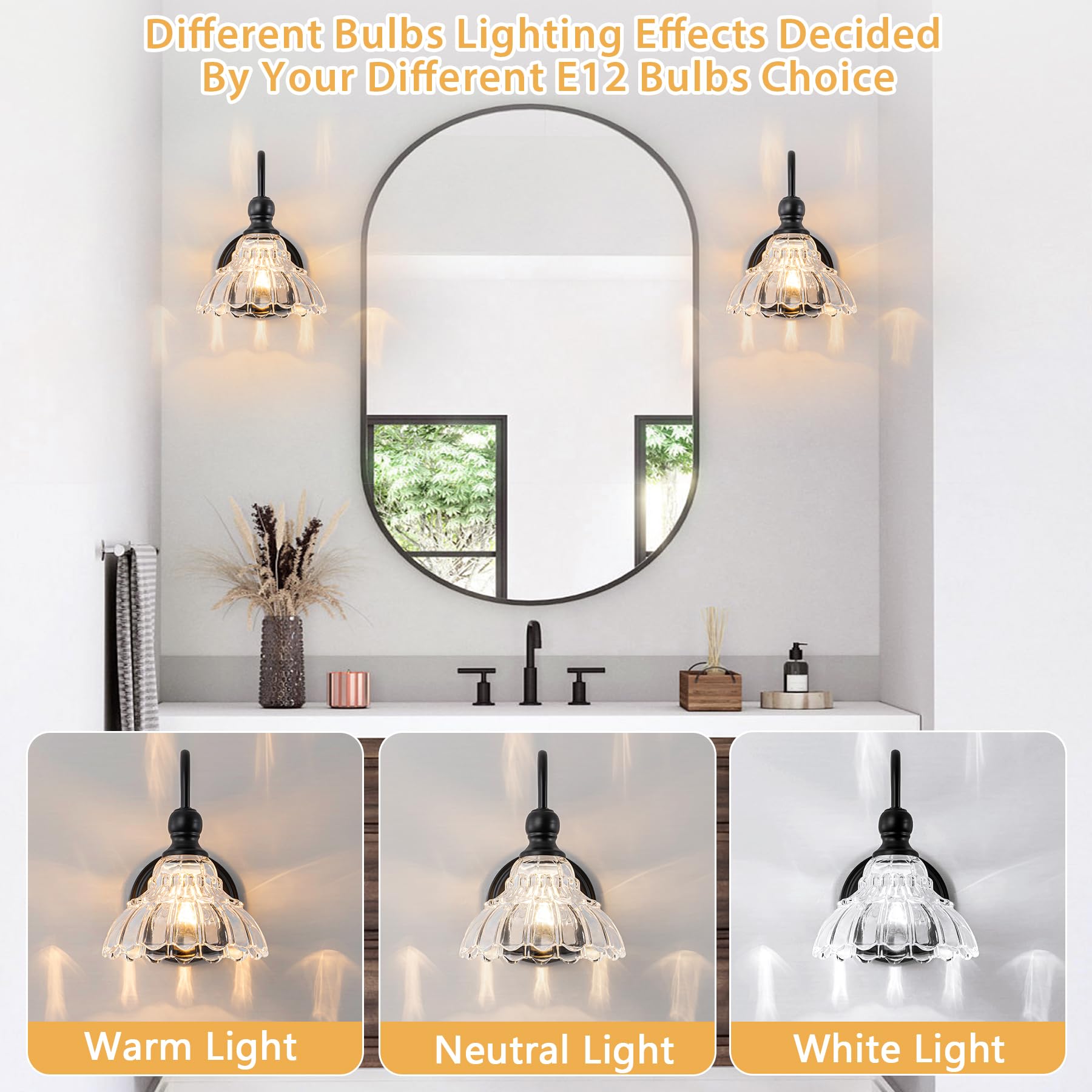 BrkNit 1-Light Black Wall Sconce - Vintage Bathroom Light Fixture with Flower Glass Shade, Stainless Steel, Model J0063-4