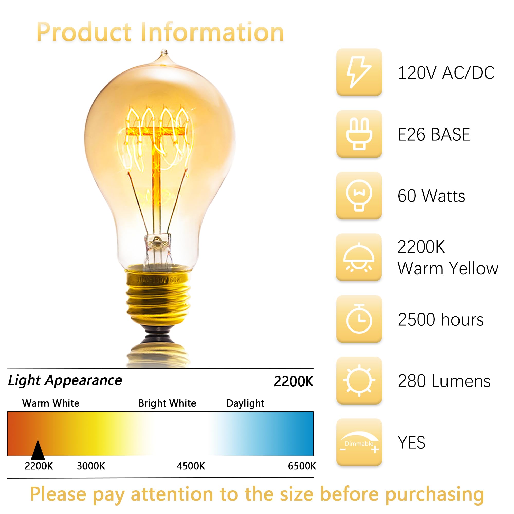 Sevici A19 Dimmable Edison Bulb Pack of 6, Amber Glass, 120V 60W, 2200K Warm Yellow Light, Retro Style, 2.36