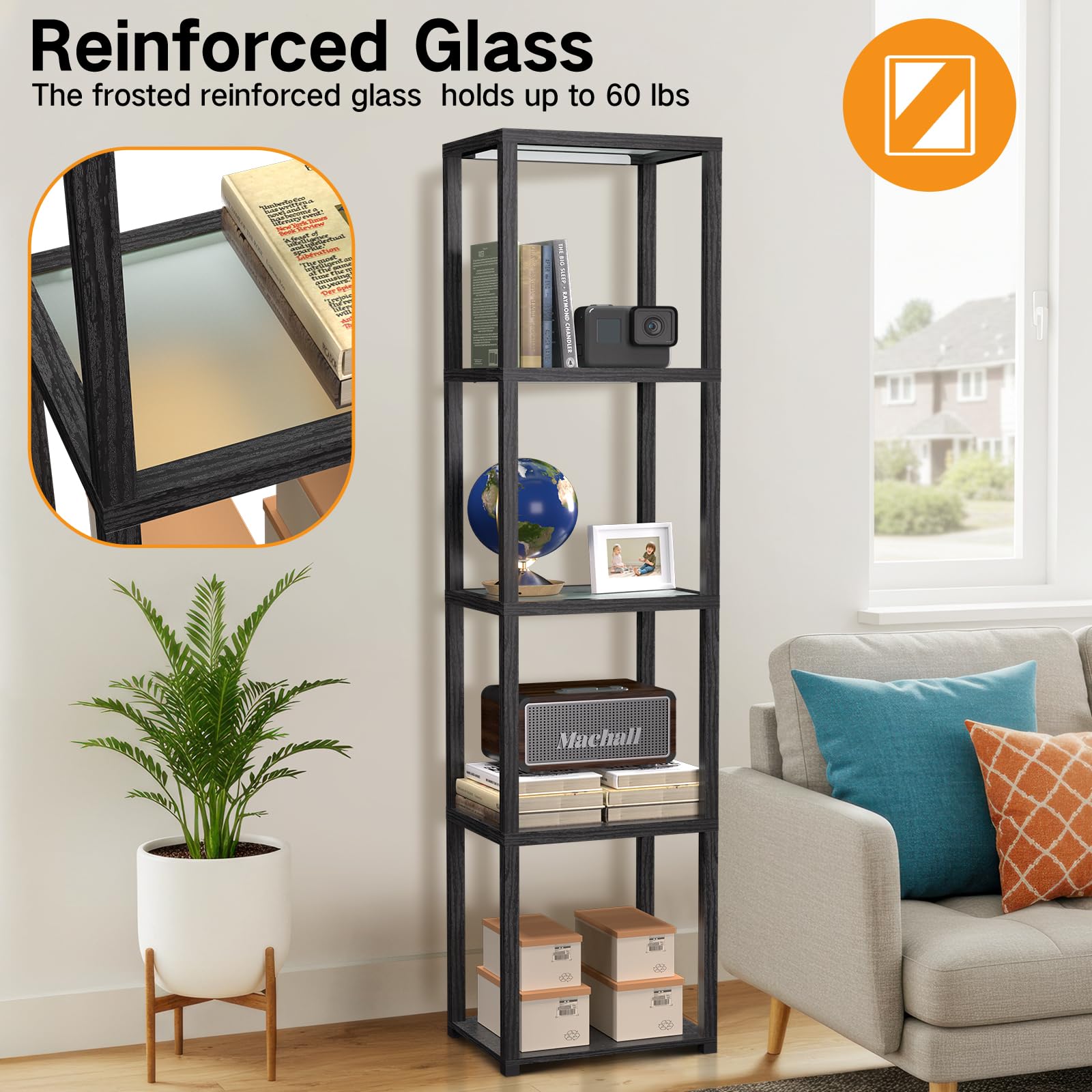 OUTON 67" Glass Display Shelf with Dimmable LED Lamp, Black, 5-Tier Bookshelf, Remote & App Control, Model ZSJ01