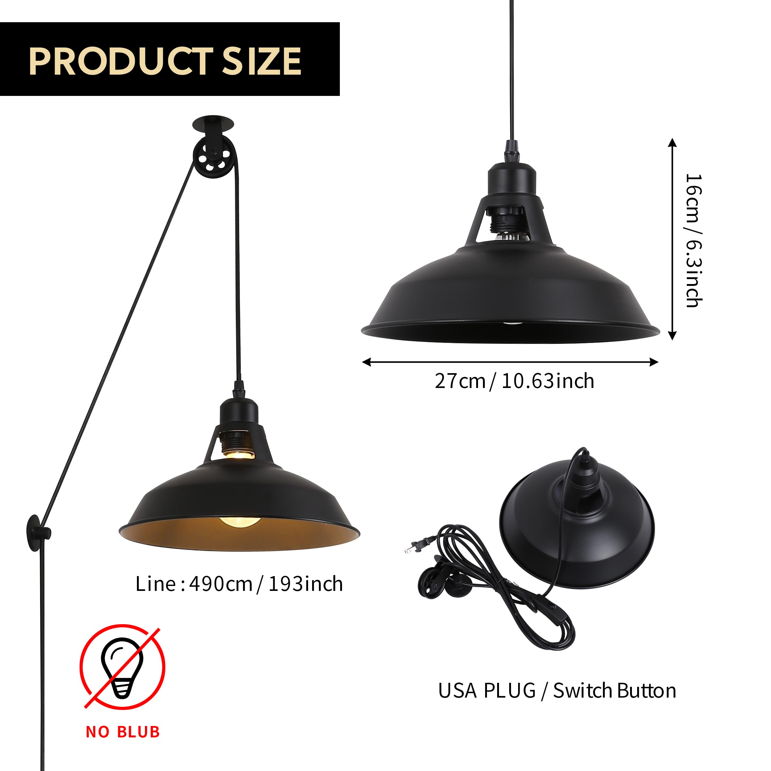 Sunllok Industrial 2Pcs Pendant Light Lift Pipe Pulley Ceiling Fixture - Rustic Retro Adjustable Height Plug In Hanging Lamp With Switch - Indoor Metal Chandelier For Living Room Restaurant (Black)