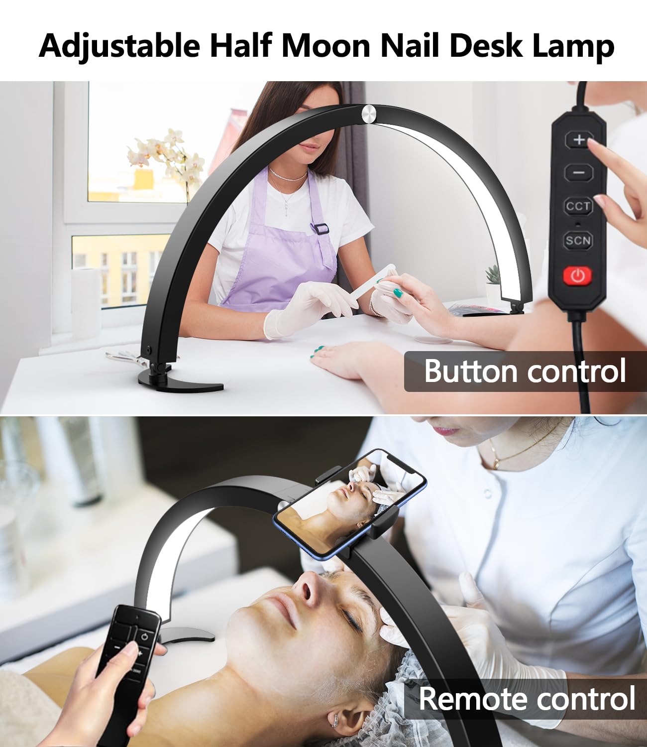 Yayusi Half Moon Light For Nail Desk With Phone Holder, 29In 40W Nail Tech Light, Nail Table Lamp With Wire Controller & Remote, 7 Color Modes, 10 Brightness For Beauty/Eyelashes/Tattoos/Crafts