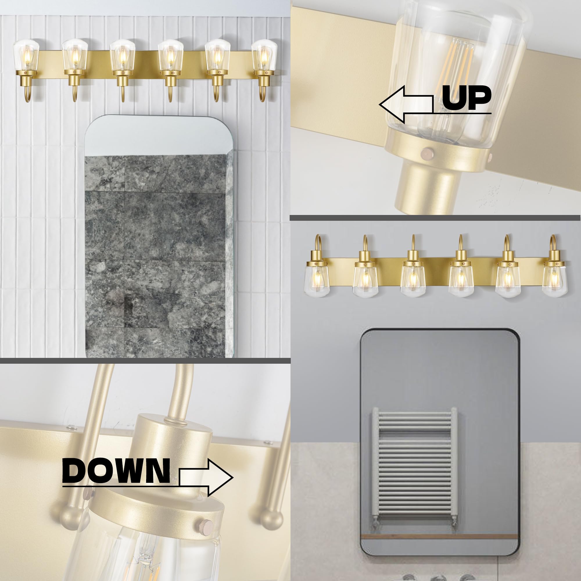Yaohong 6-Light Gold Bathroom Vanity Light Fixture With Clear Glass Shades, Farmhouse Design