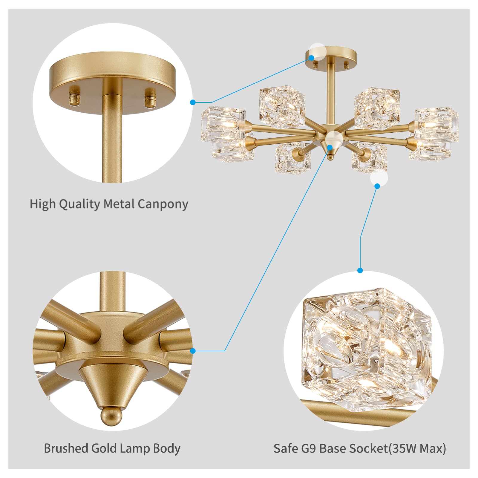 Xingqi 8-Light Semi Flush Mount Ceiling Light Fixture Modern Antique Gold Sputnik Chandeliers Fashion Lighting For Bedroom Dinin