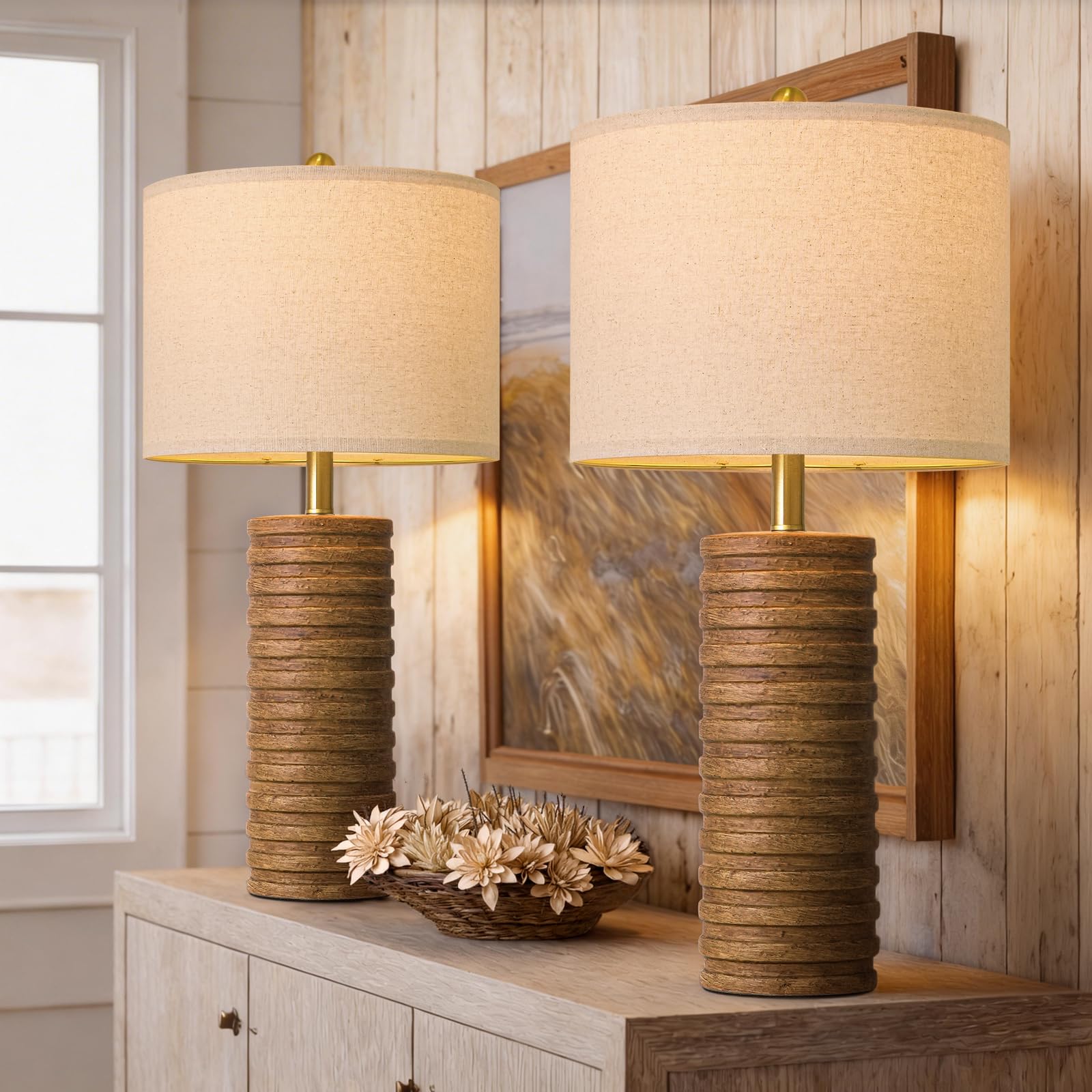 PoKat Farmhouse Table Lamps Set of 2 for Living Room  27 Tall Retro Ceramic Bedside Lamps with Linen Lampshade for Bedroom  Vintage Wood-Like Rustic Nightstand Lamp Office Sideboard Hallway (Brown)