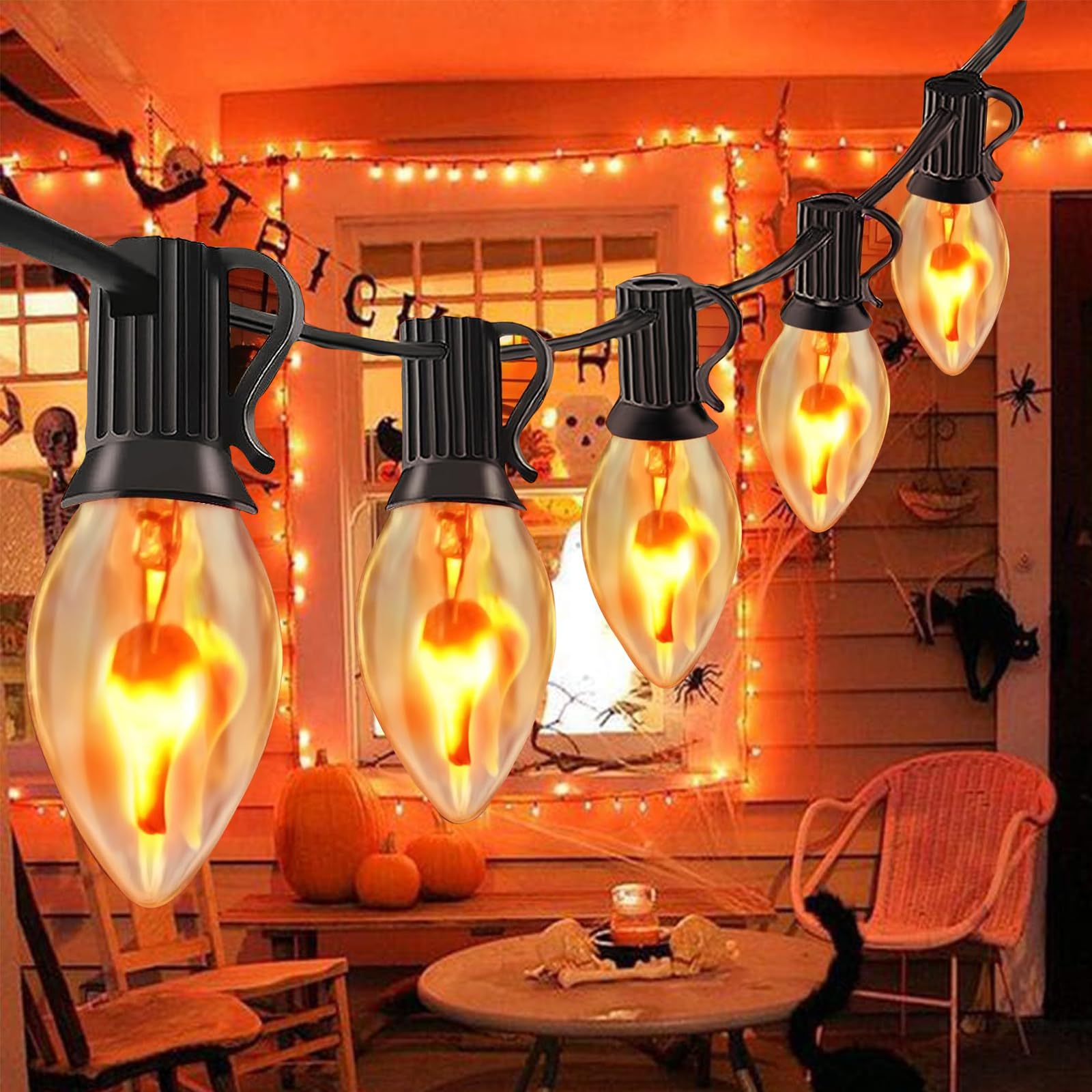 GOOTHY C7 String Lights, 25Ft Outdoor Christmas Decorations, Clear Flicker Flame Glass Bulbs, Black