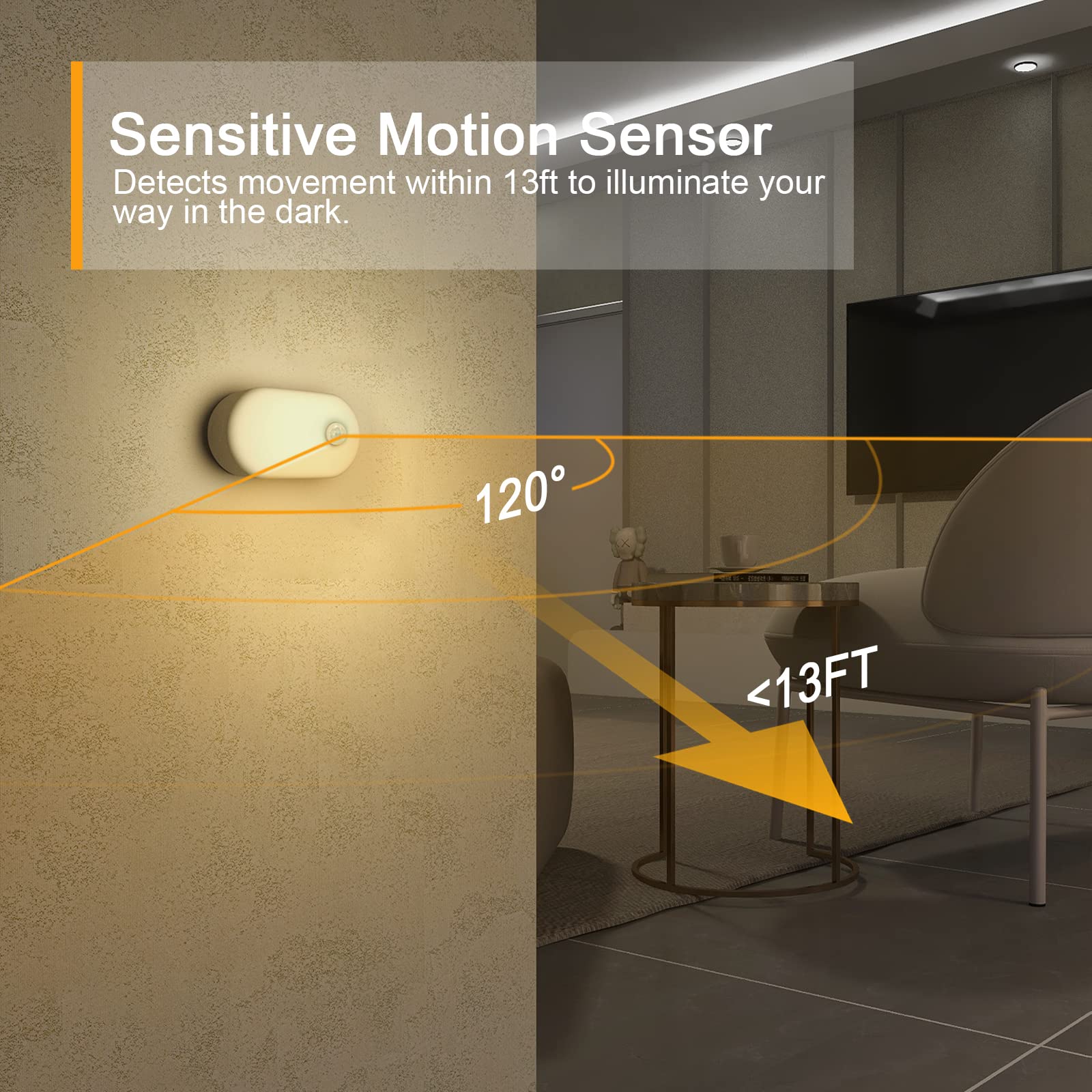 Lyridz Rechargeable Battery Night Light, Stick On Mini Motion Sensor Light Indoor Warm White 1-20Lm Led Light With Stepless Adju