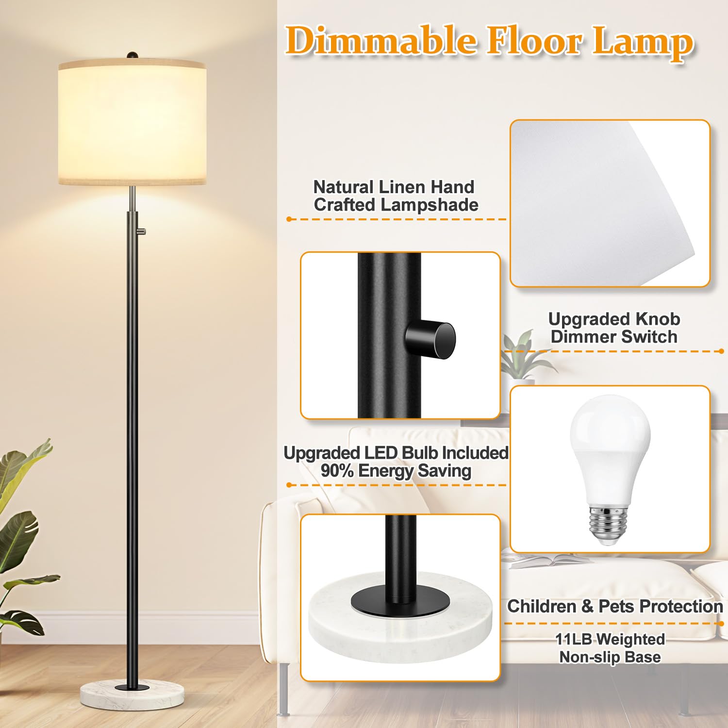 Nintiue Modern Dimmable Floor Lamp, 64.6" Tall, Matte Black with Marble Base, LED Bulb Included, Perfect for Living Room, Bedroom, Office