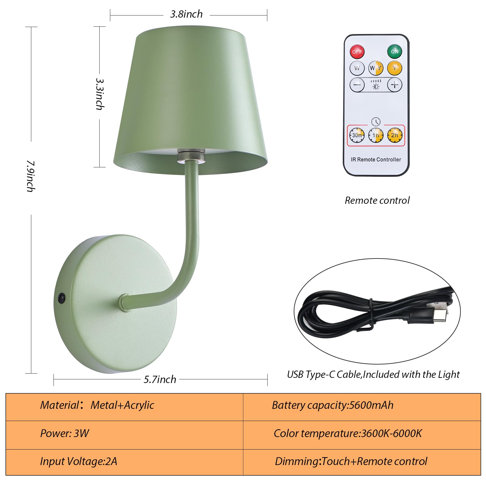 IMQSQIK LED Wall Lamp Set of 2, Rechargeable 5600mAh, Touch Control, Metal, Green-2Pack