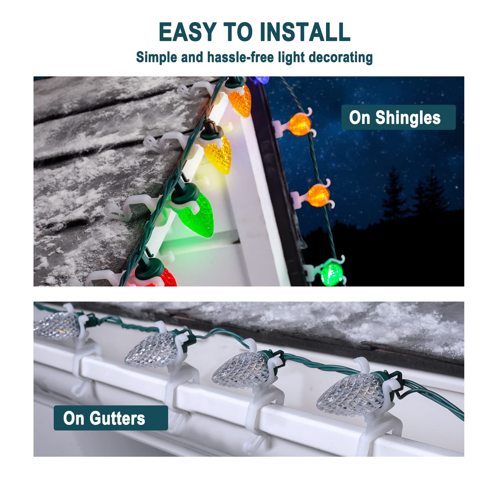 Universal Christmas Lights Shingle Clips, 400 Count All In One Gutter Clips, Shatterproof All Purpose Shingle Clips For C7/E12,