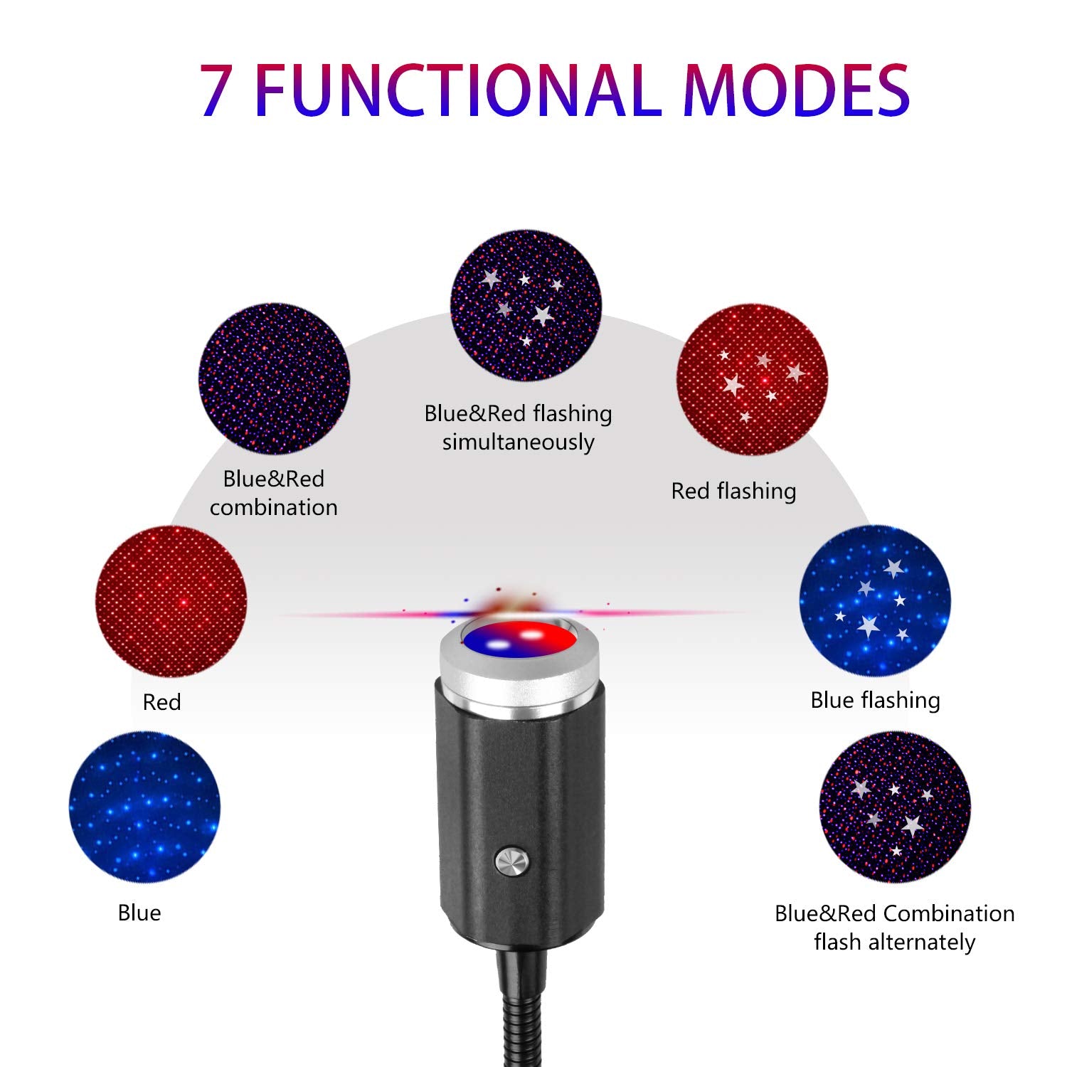 Aevdor USB Star Night Light - 3 Colors, 7 Modes, Adjustable Car Roof Decor - Blue & Red