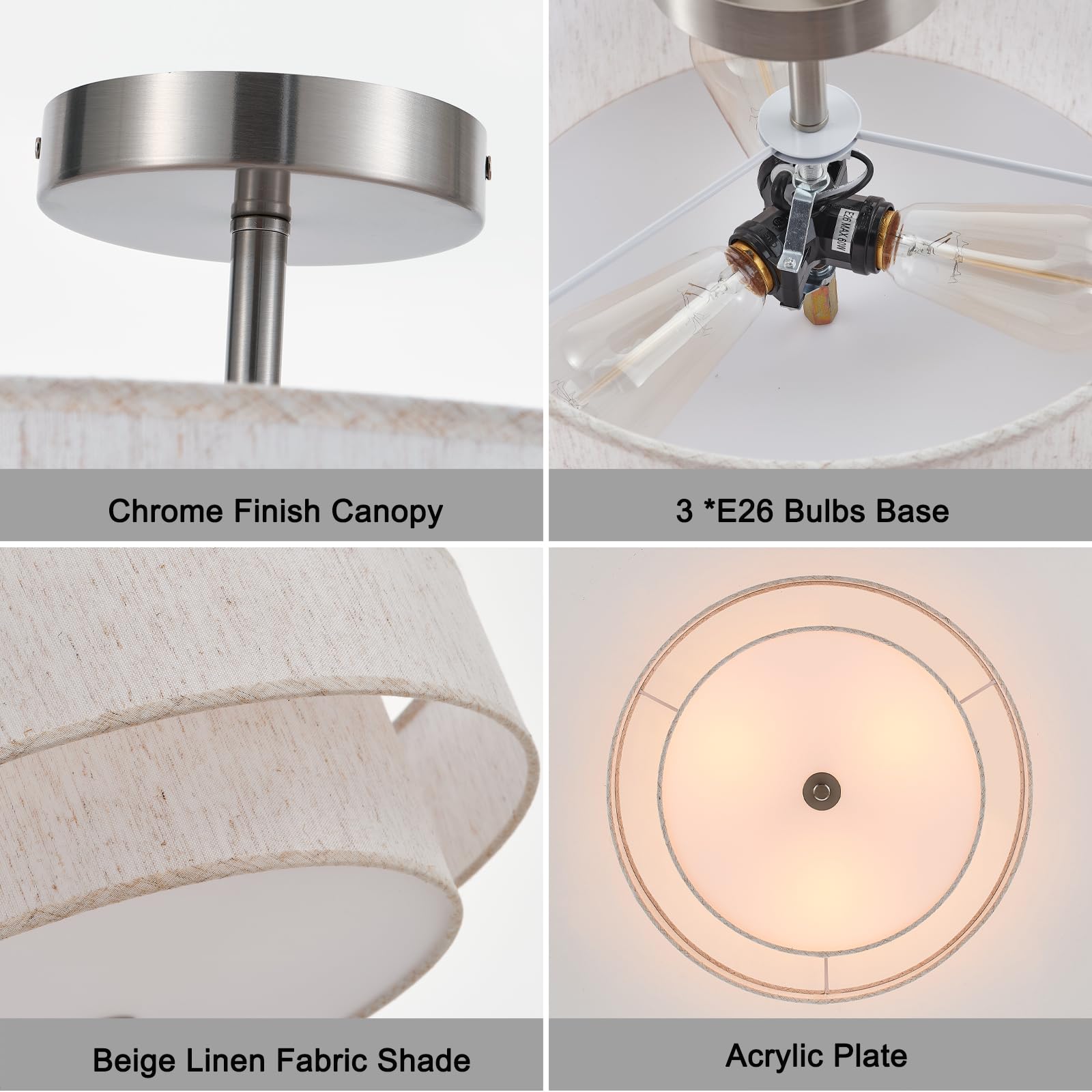 Widluth 18 Semi Flush Mount Ceiling Light 3-Light Modern Linen Drum Ceiling Lighting With Chrome Finish  Vintage Ceiling Light For Living Room  Kitchen  Basement  Laundry Room  Bedroom