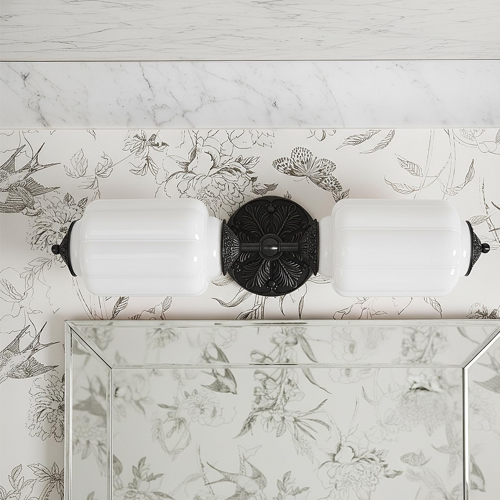 Vintage Milk Glass Bathroom Vanity Light - 2-Light Wall Sconce with Brass Finish Base & Green Glass Shade - Wall Sconce Lighting for Mirror  Kitchen  Living Room  Gallery (Bulbs Included) (white)