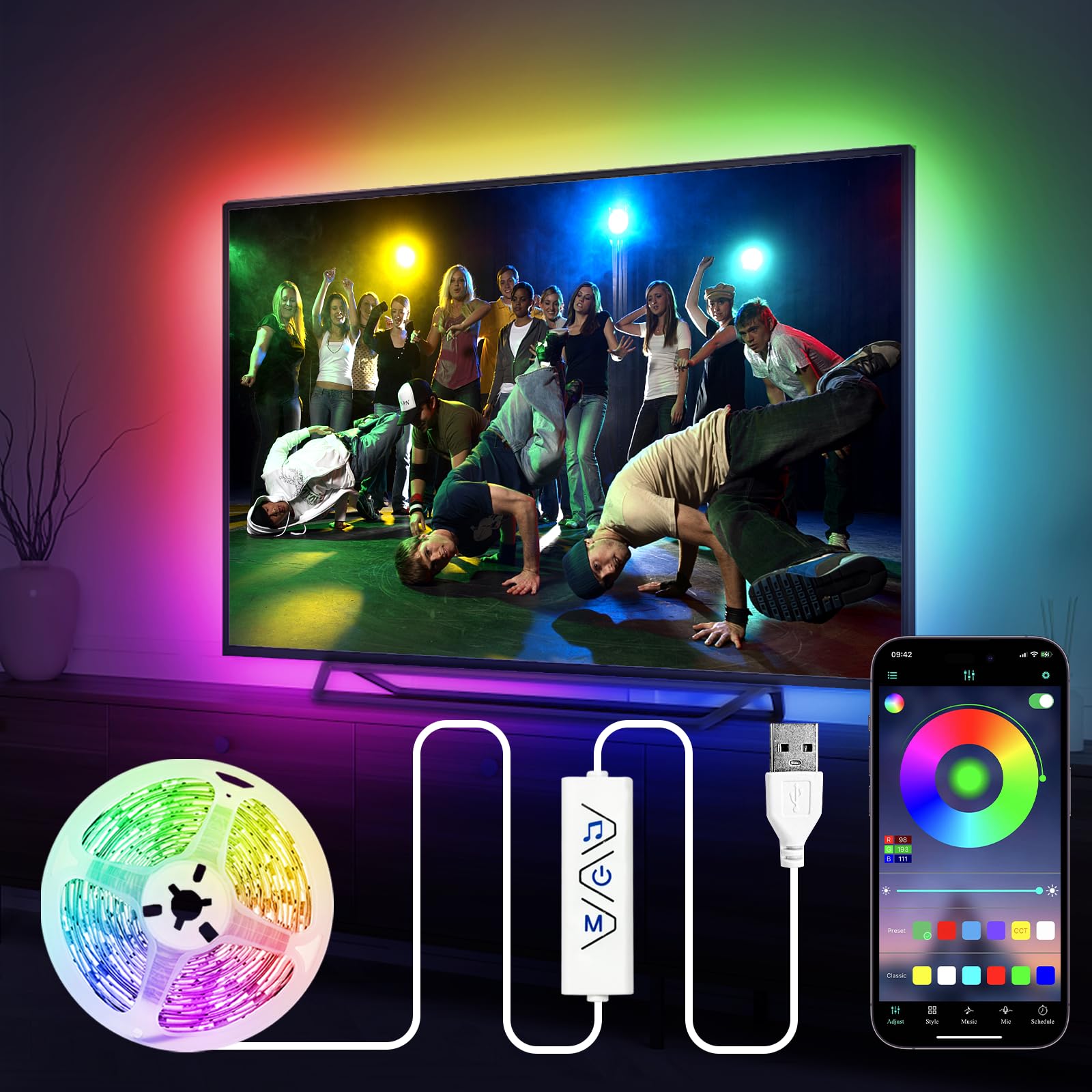 Houhui Led Strip Lights 13Ft Rgb Backlight For 32-65In Tvs, App Control, Multicolor Usb Bias Lights For Home & Gaming