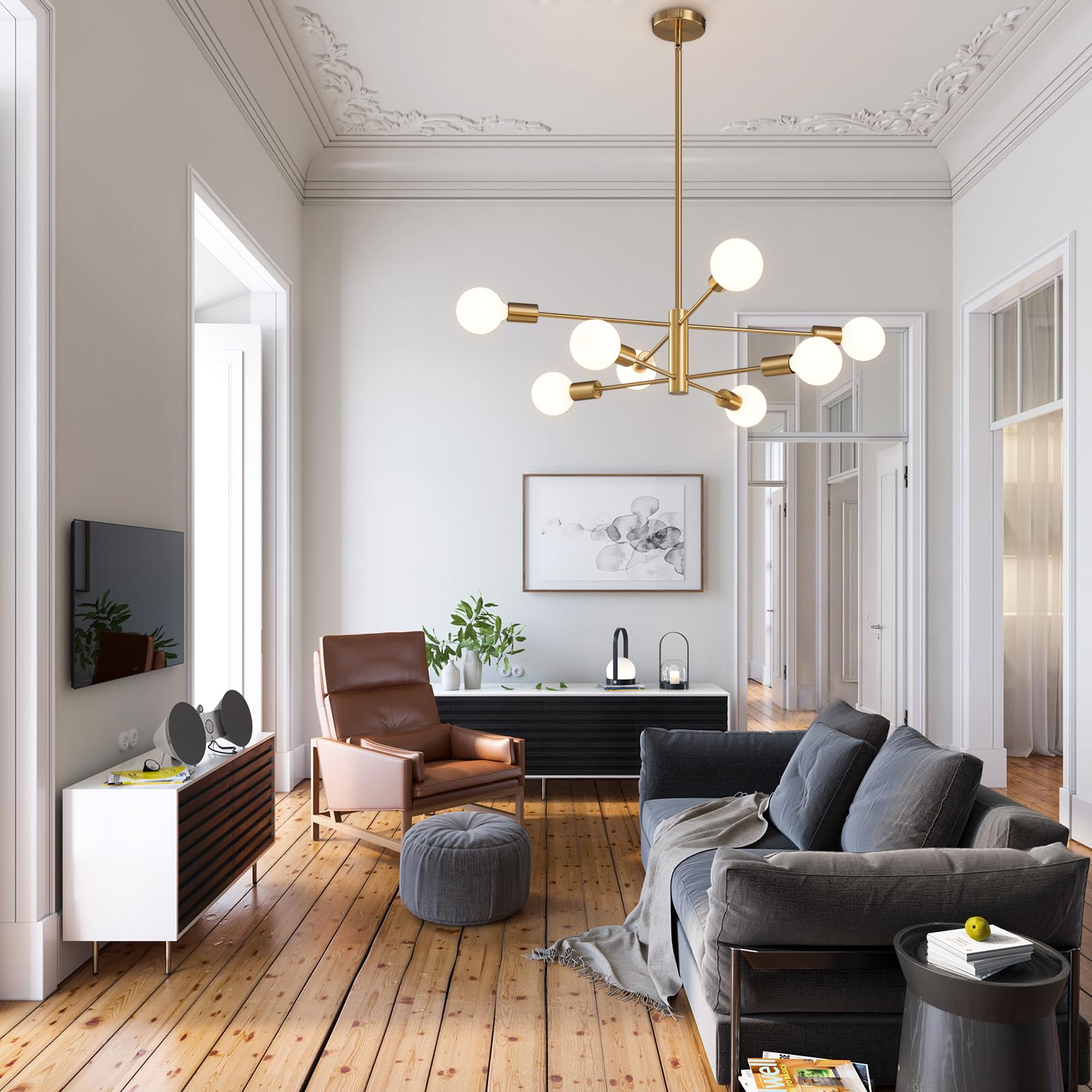 Ruiyey Modern Sputnik Chandeliers Light, 8-Light Gold Dining Room Chandelier Over Table, E26 Mid Century Ceiling Light Fixtures