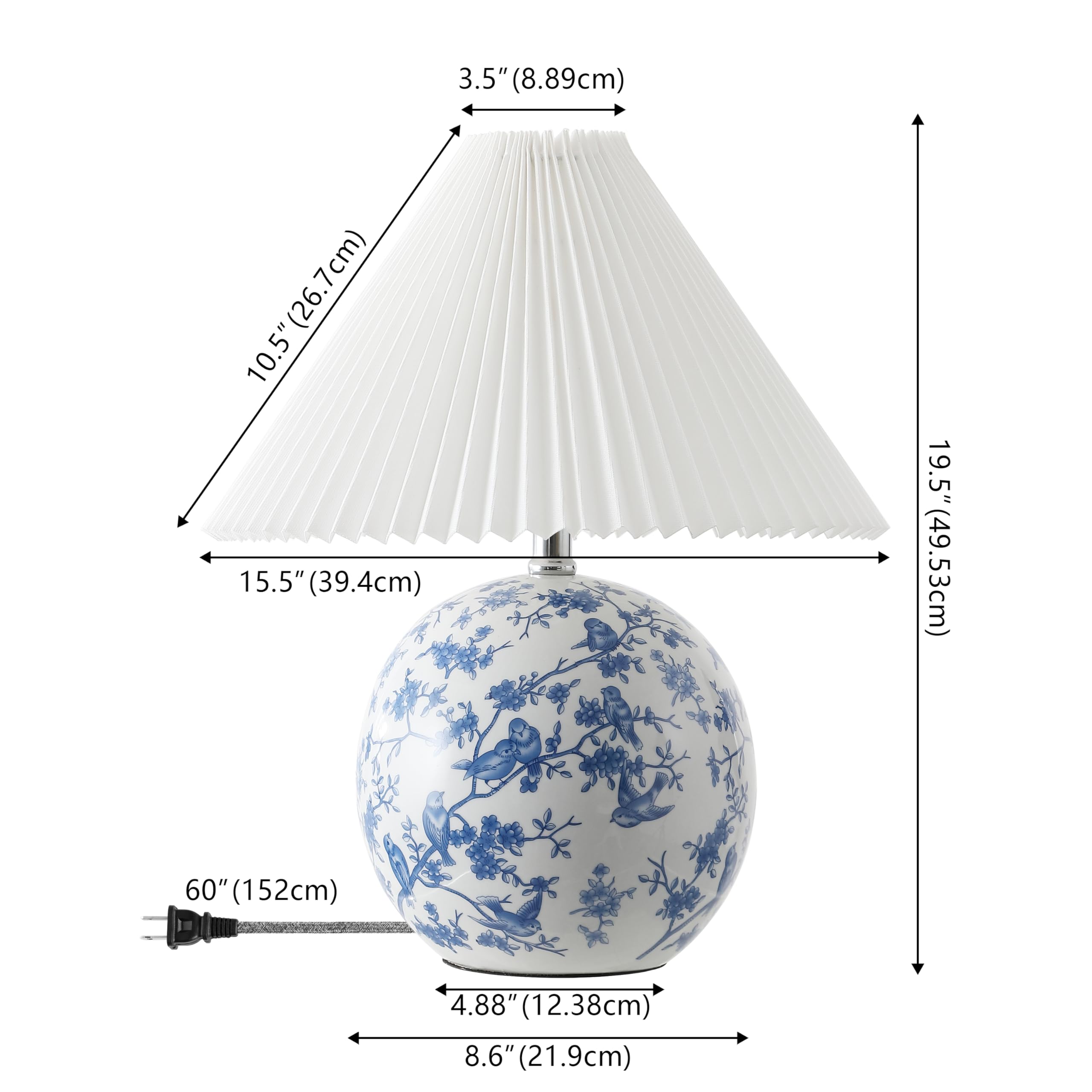 JONATHAN Y JYL5056B Shishen 19.5 Cottage Classic Chinoiserie Ceramic Orb LED Table Lamp with Pleated Shade, White/Blue for Bedro
