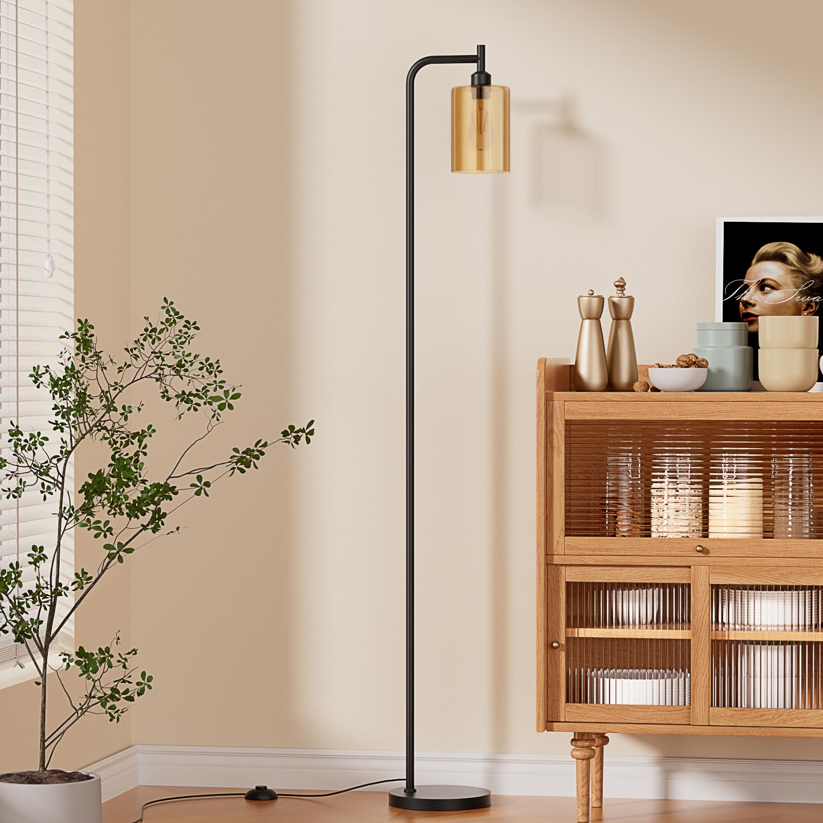 Ziisee Floor Lamps For Living Room - Standing Lamp With Amber Glass Shade, Modern Floor Lamp With Led Bulbs, Industrial Floor Lamp For Bedroom, Black Tall Lamp For Office(Light Bulb Included)